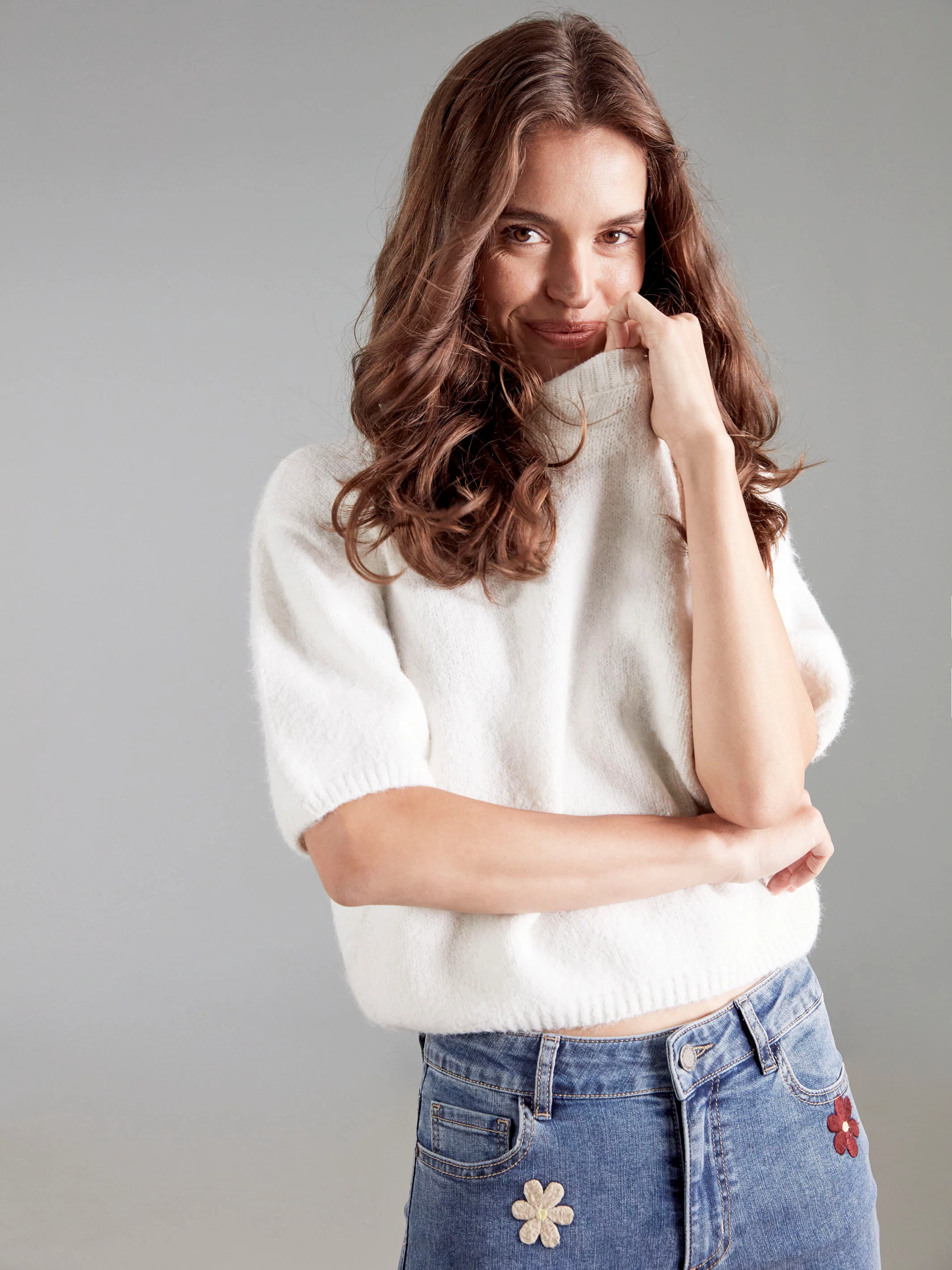 Balloon Elbow Sleeve Knit Sweater - Ecru - WHSBYS