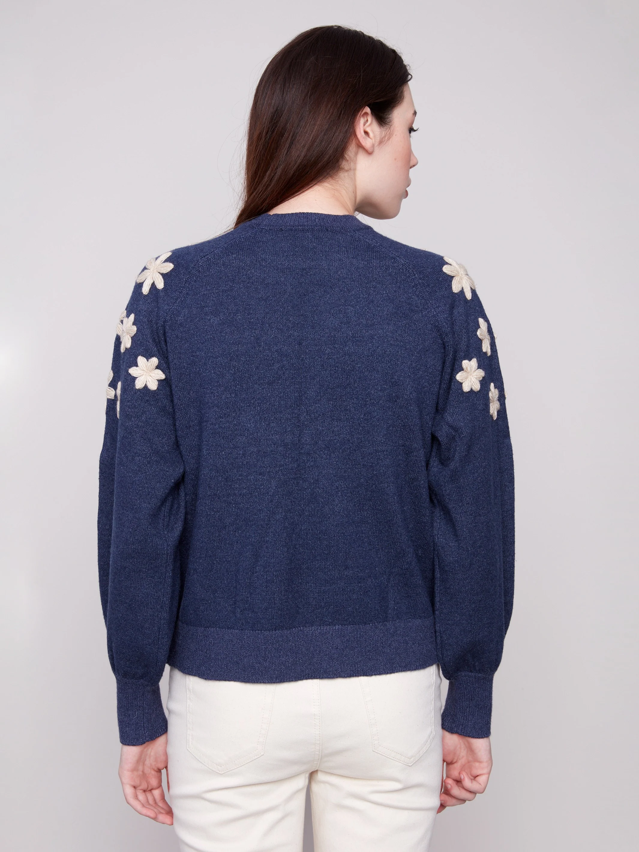 Crew Neck Sweater With Embroidered Flowers - Heather Denim - WHSBYS