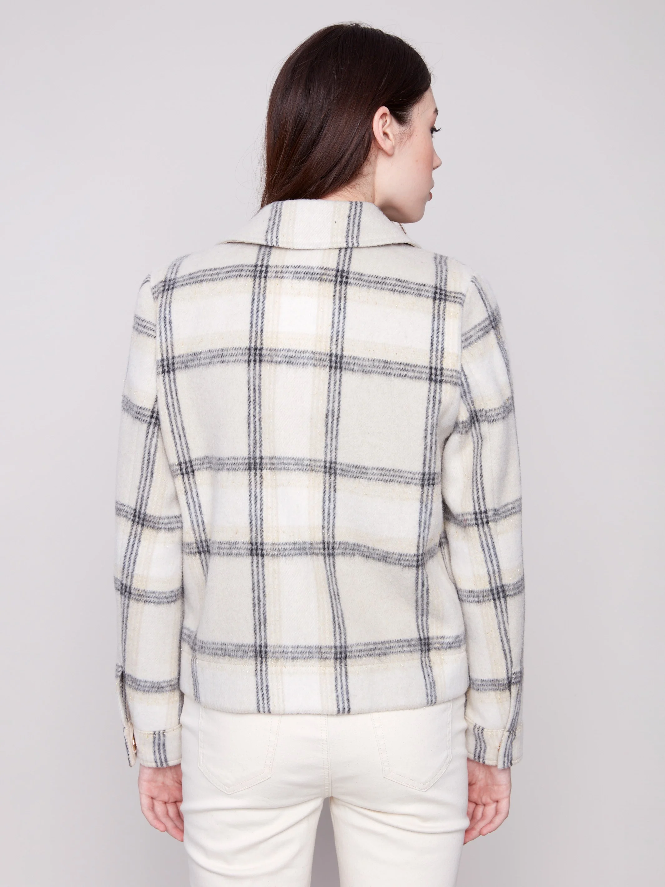 Plaid Lurex Knit Short Coat - Beige - WHSBYS