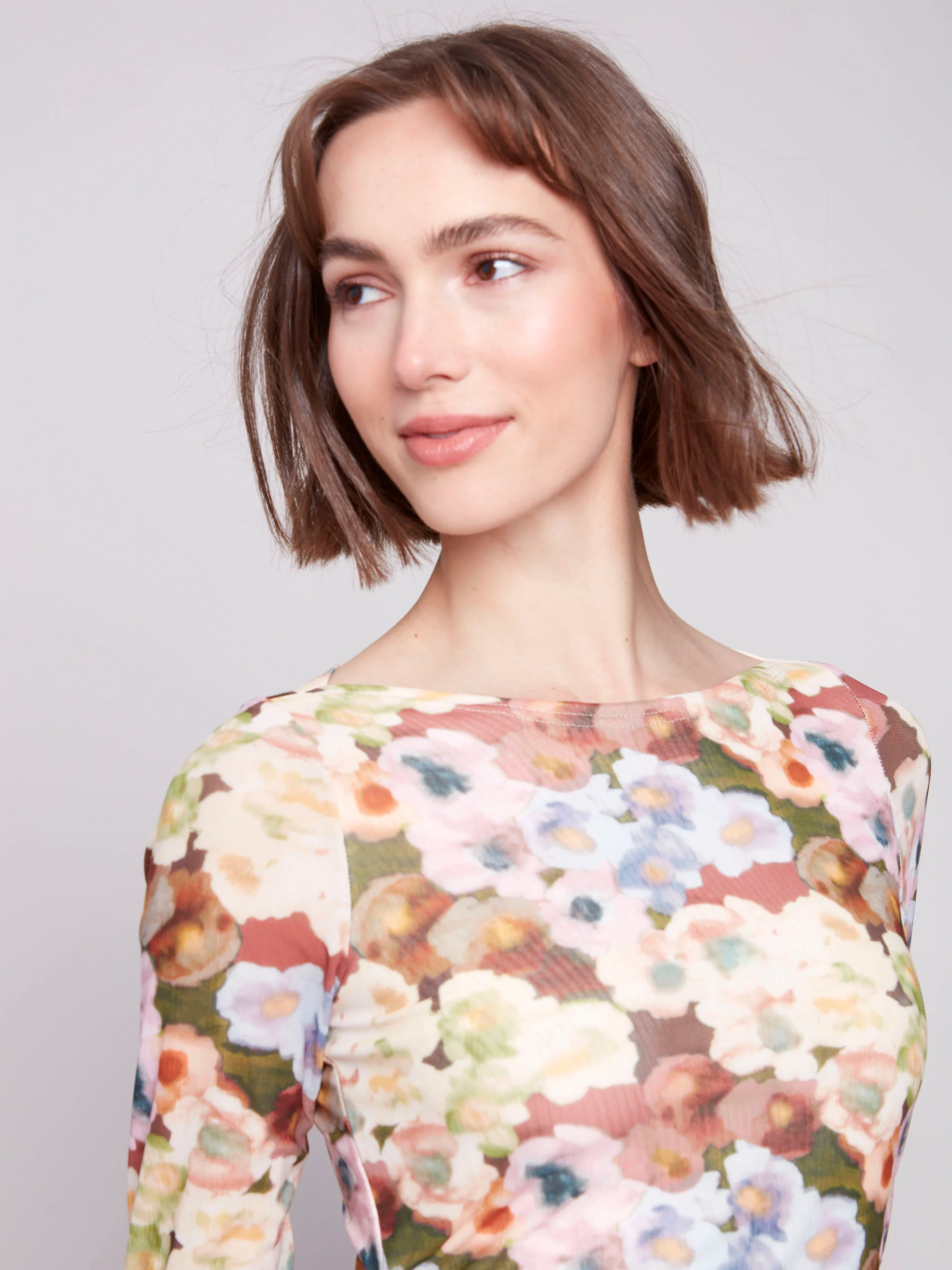 Printed Ruched Mesh Top - Botanical - WHSBYS