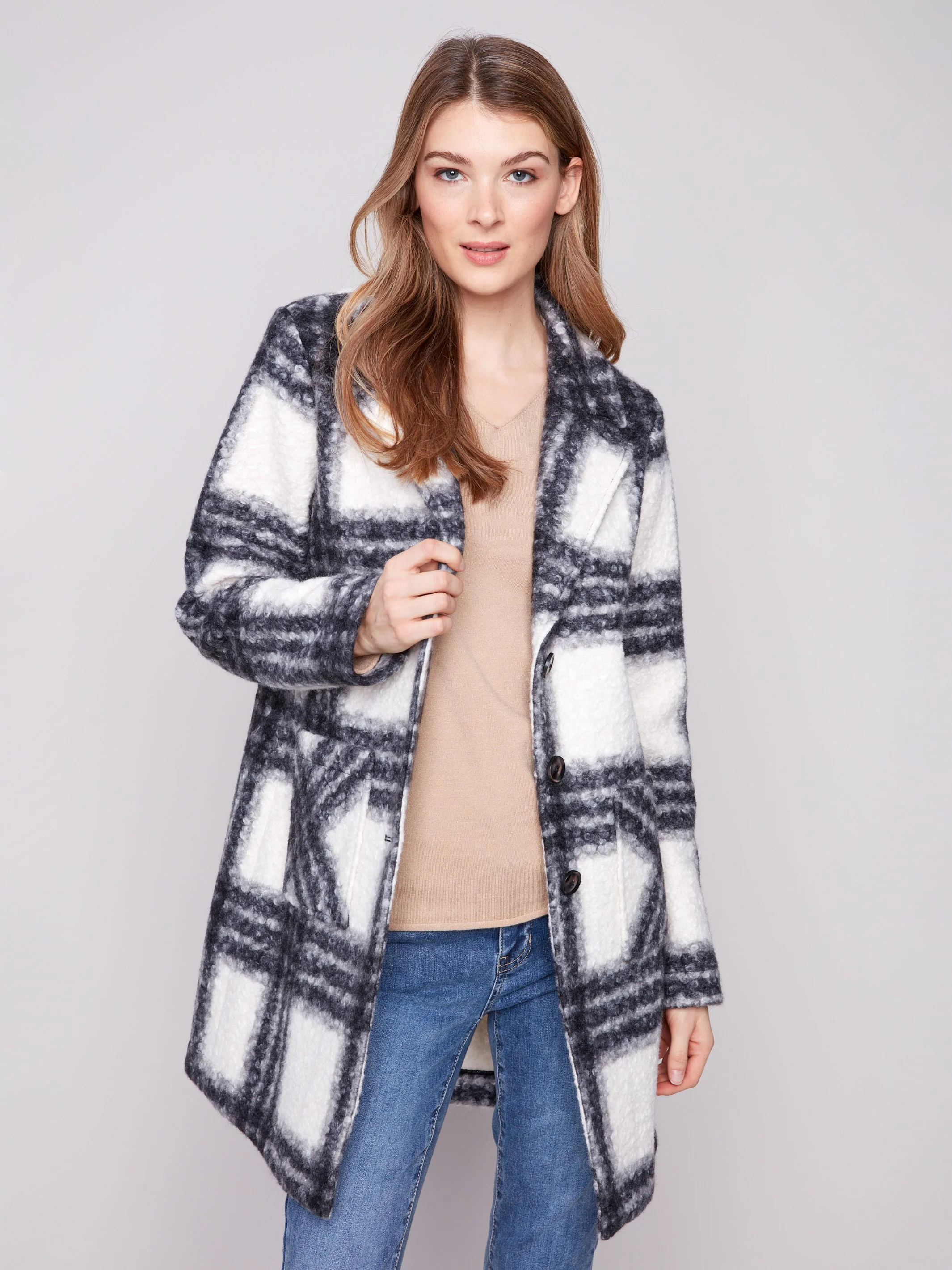 Plaid Bouclé Knit Coat - Black & White - WHSBYS