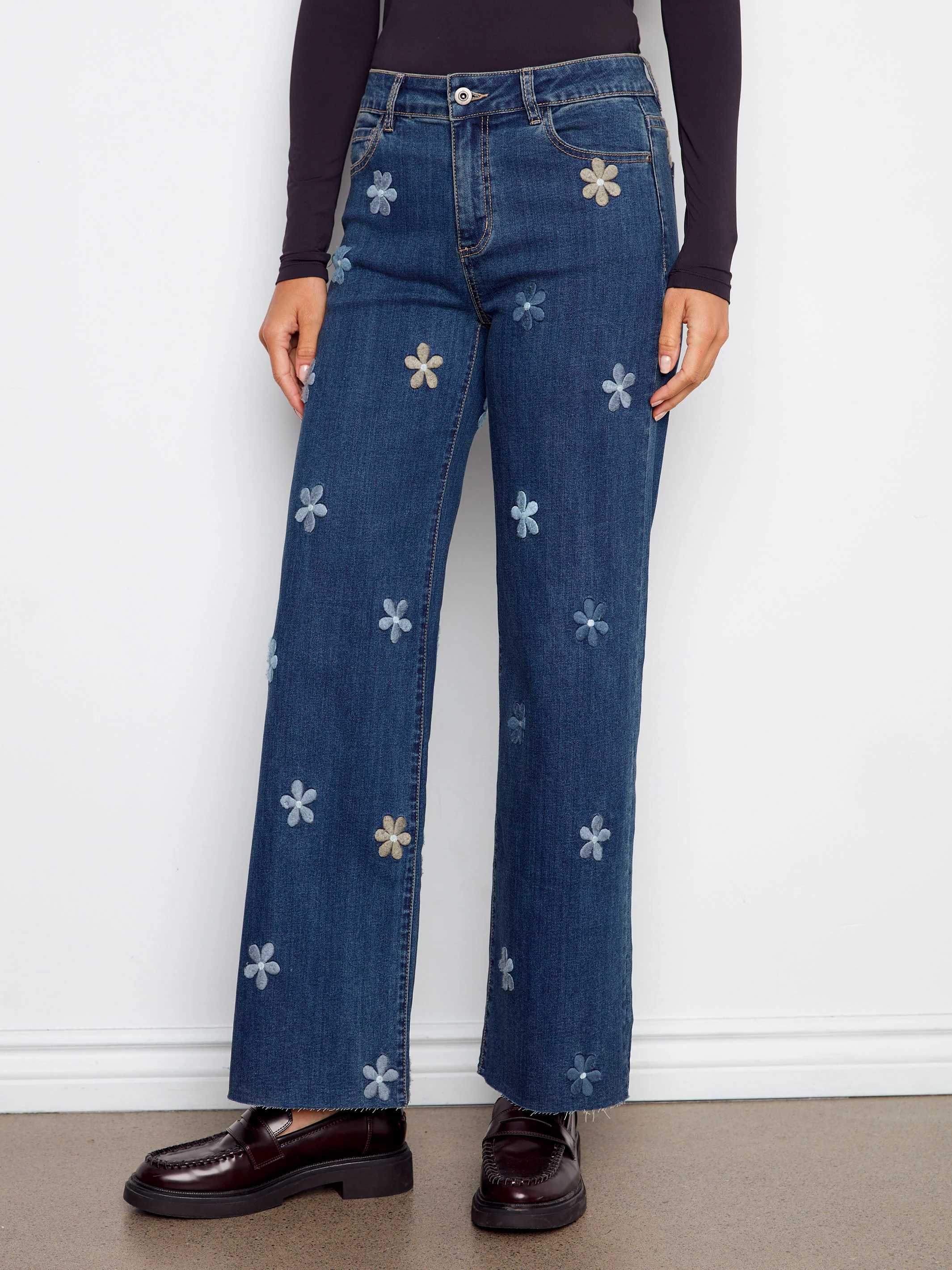 Wide Leg Jeans With Flower Patches - Indigo - WHSBYS