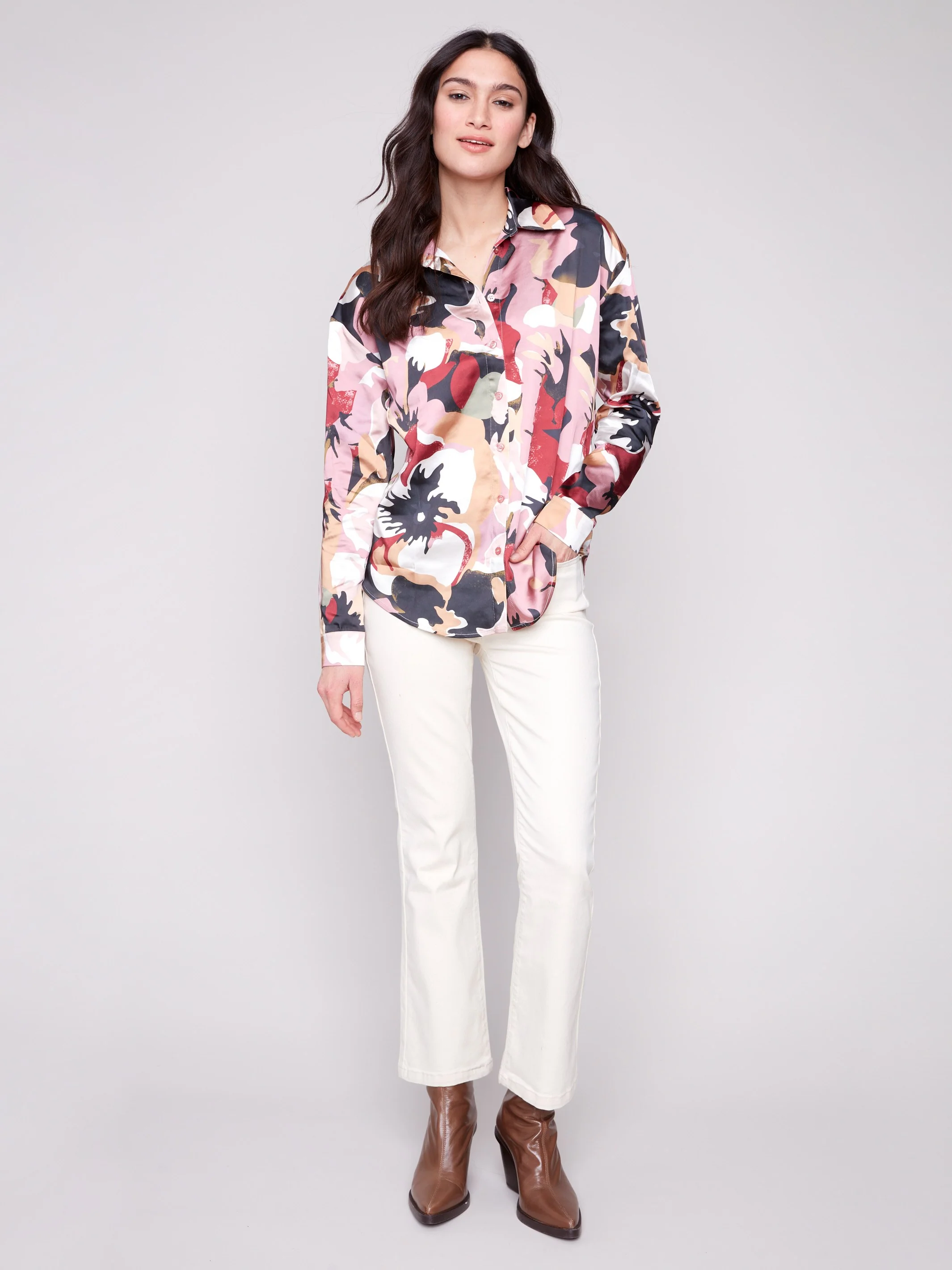 Printed Satin Button-Down Shirt - Flowery - WHSBYS