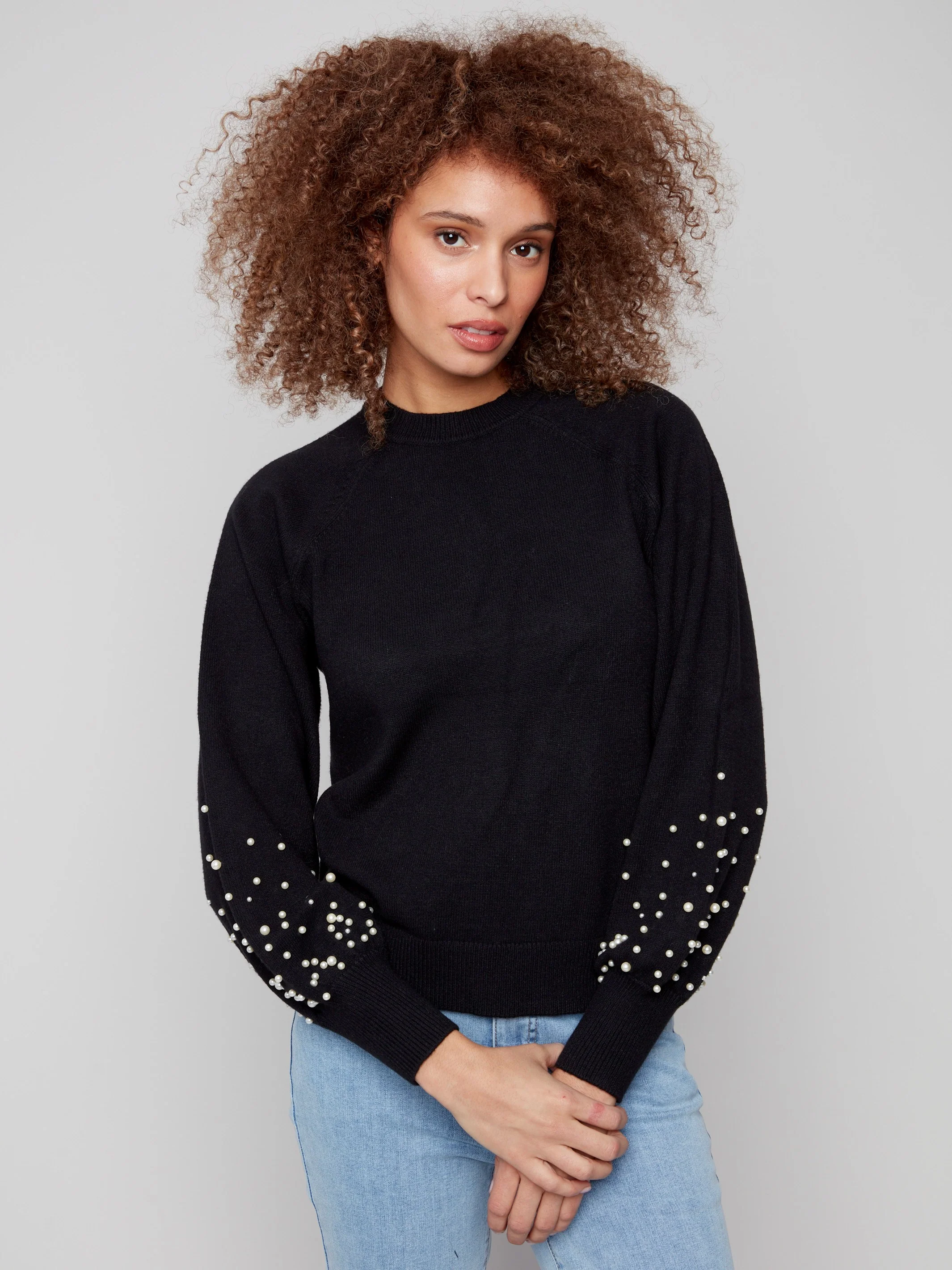 Crew Neck Sweater With Pearl Details - Black - WHSBYS