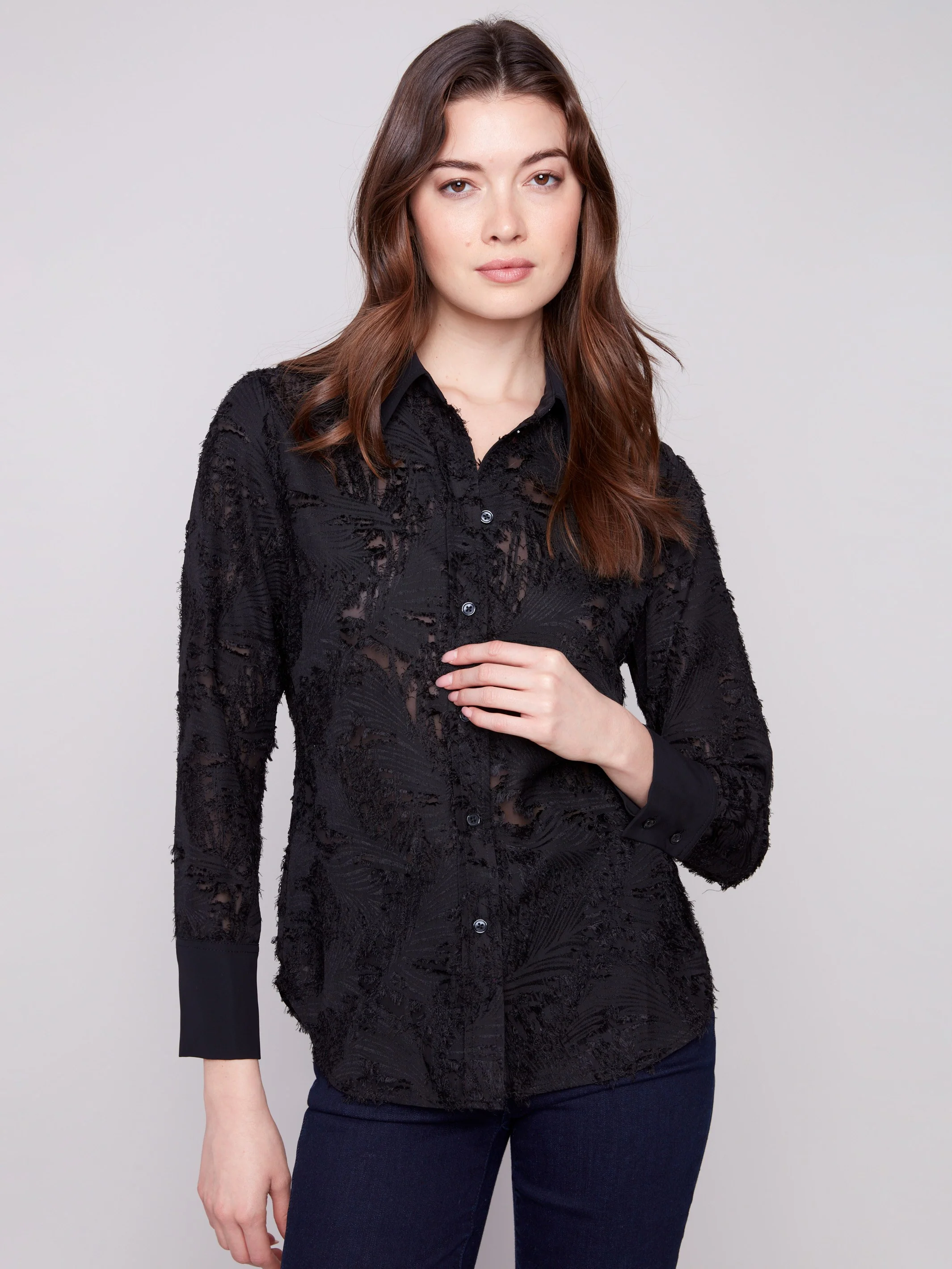 Semi-Sheer Button-Down Chiffon Shirt - Black - WHSBYS