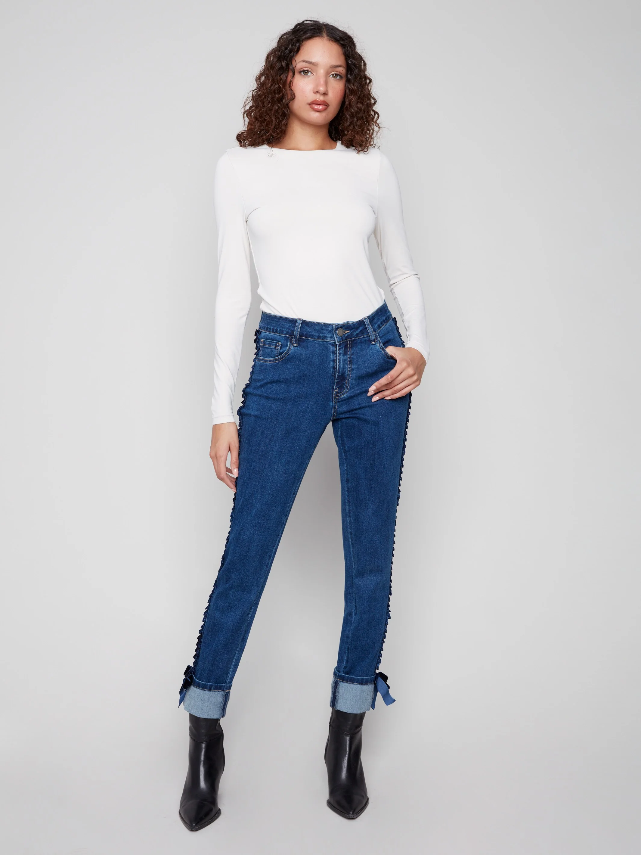 Slim Leg Jeans With Velvet Bow - Indigo - WHSBYS