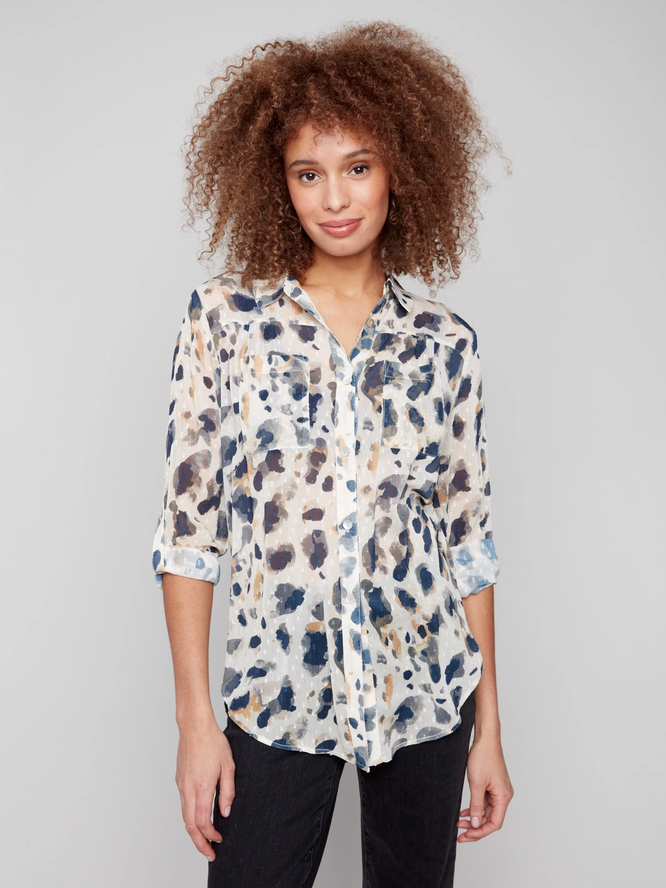 Printed Button-Up Blouse - Animal - WHSBYS