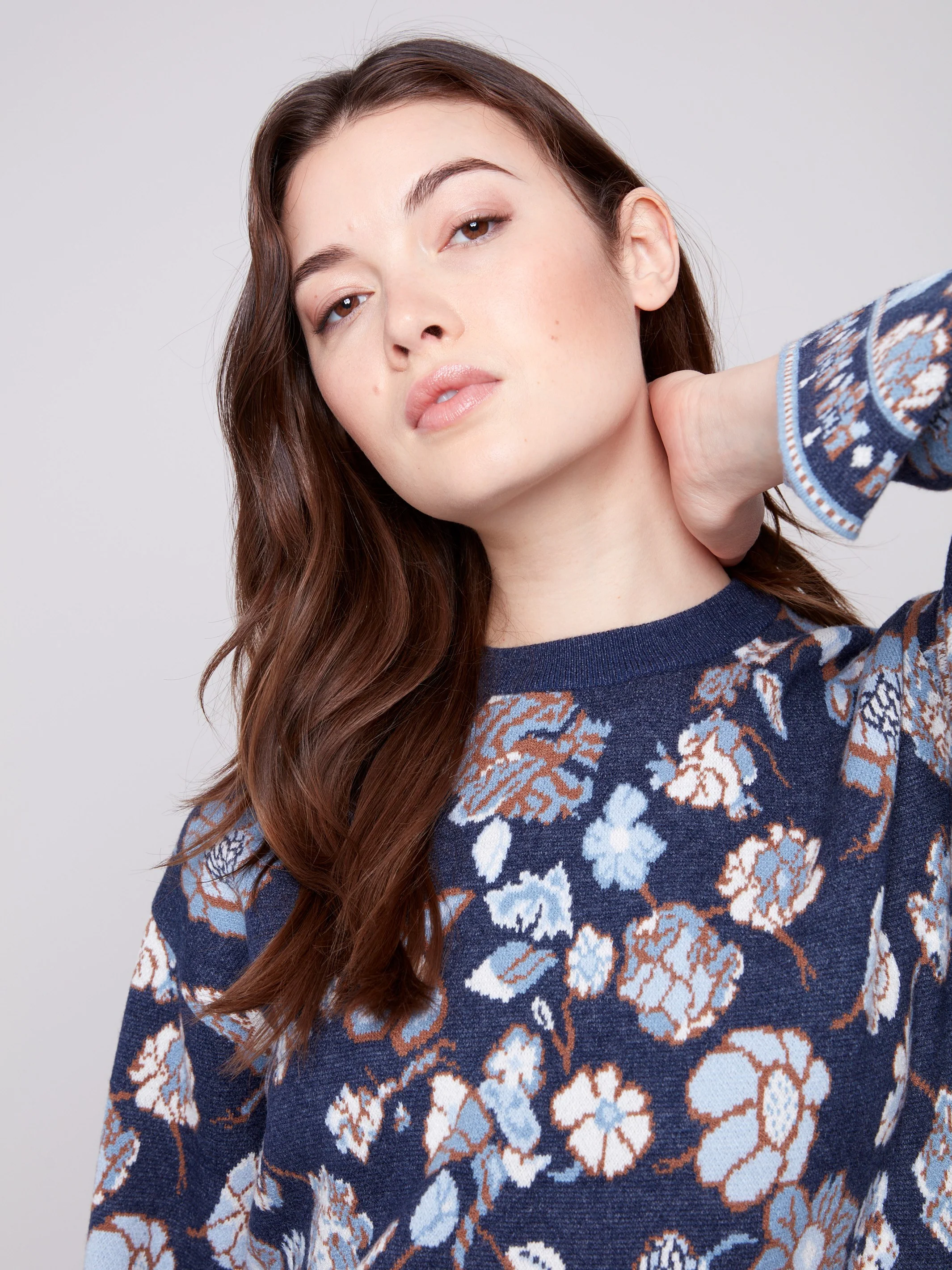Crew Neck Jacquard Sweater - Floral - WHSBYS