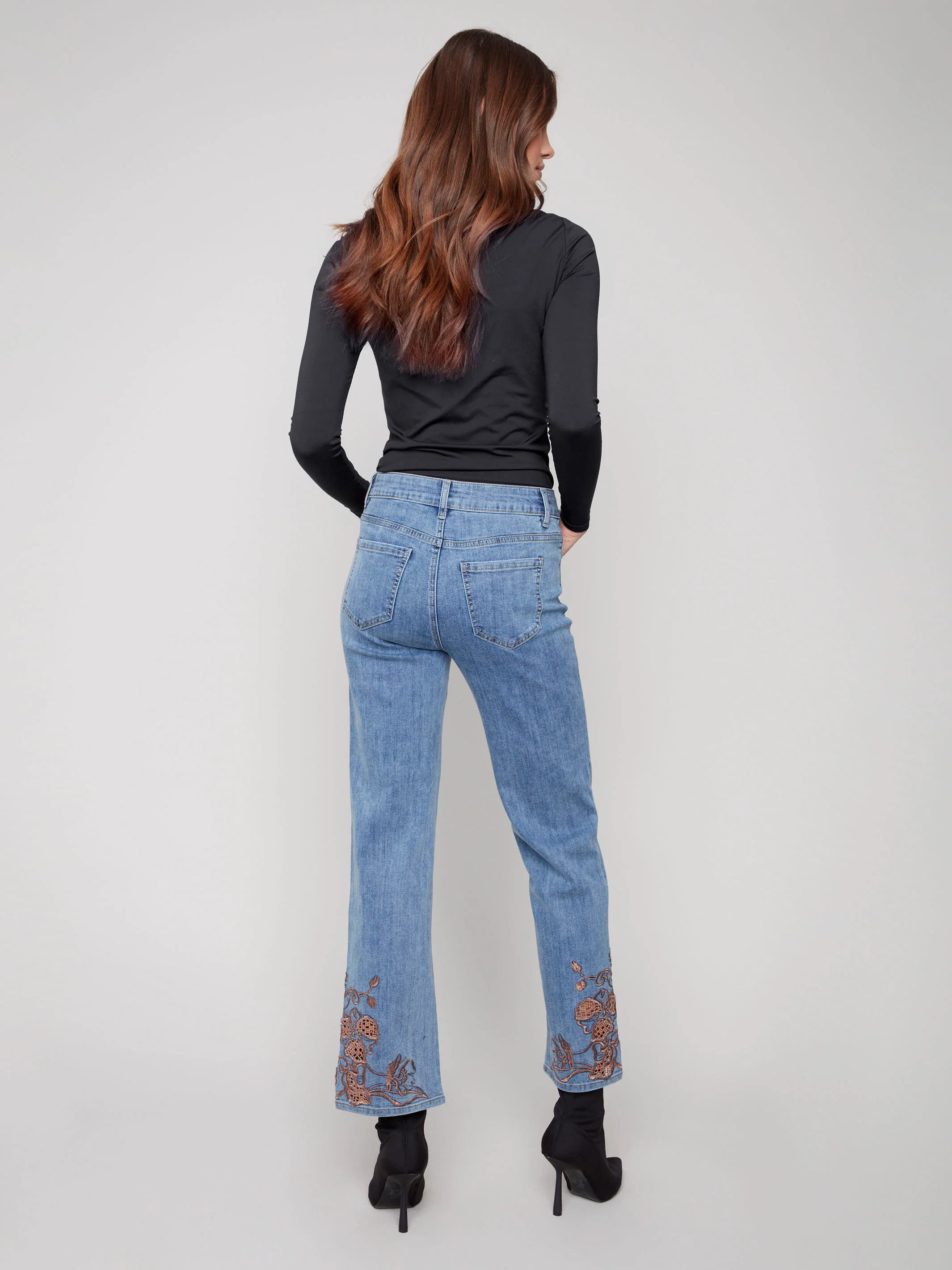 Straight Leg Jeans With Lace Embroidery - Medium Blue - WHSBYS