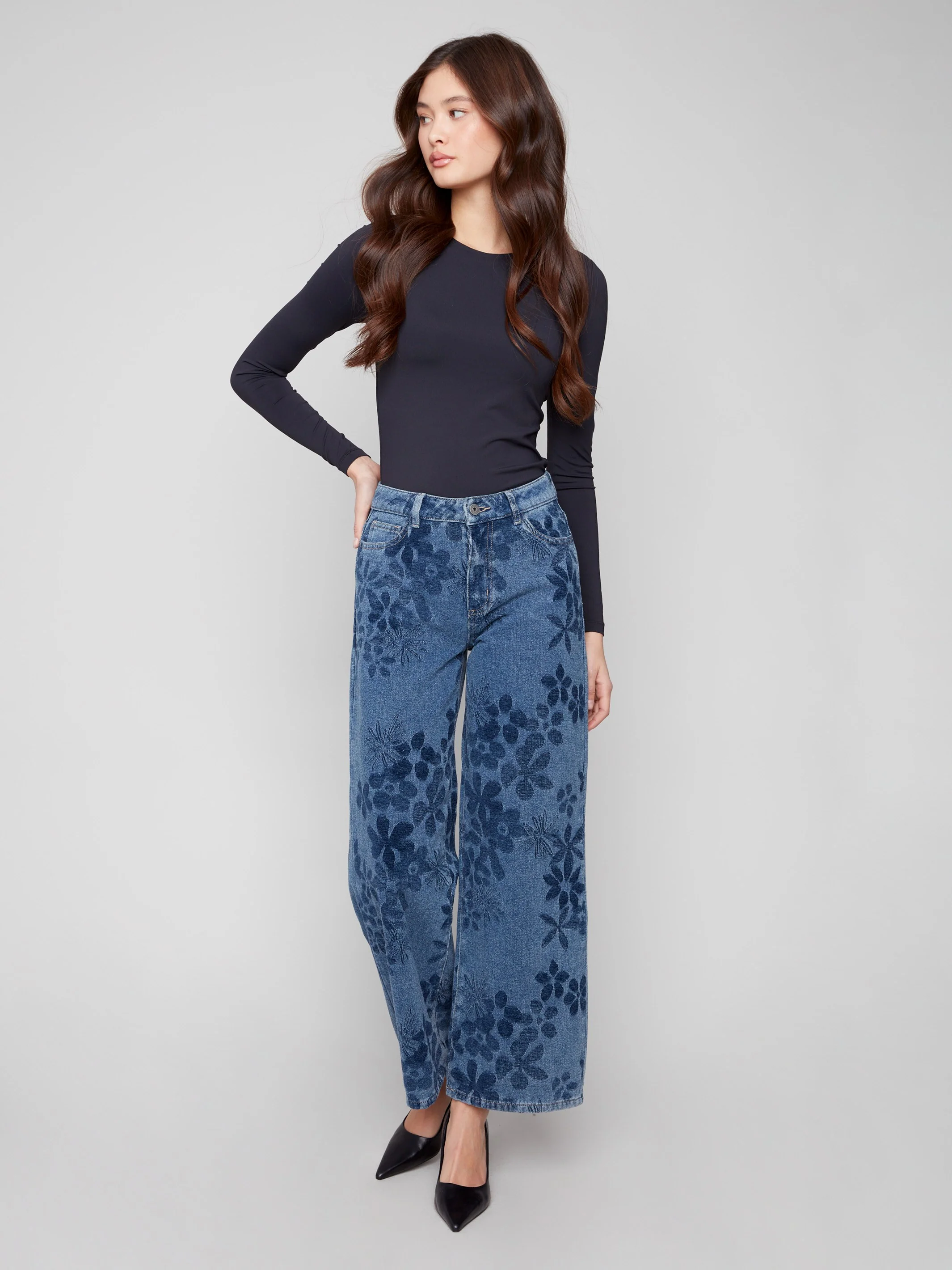 Wide Leg Floral Jeans - Flowers - WHSBYS