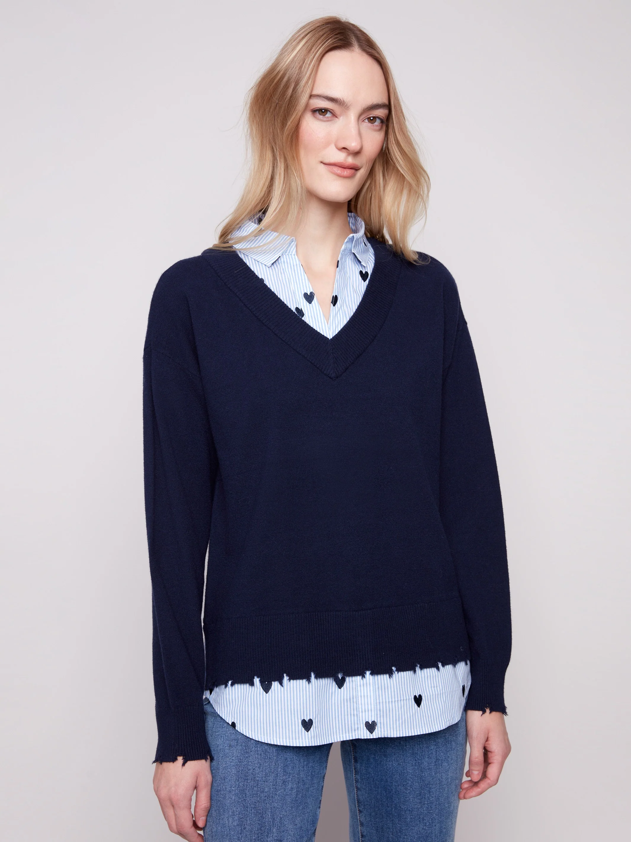 V-Neck Fooler Sweater With Embroidered Shirt Collar - Navy - WHSBYS