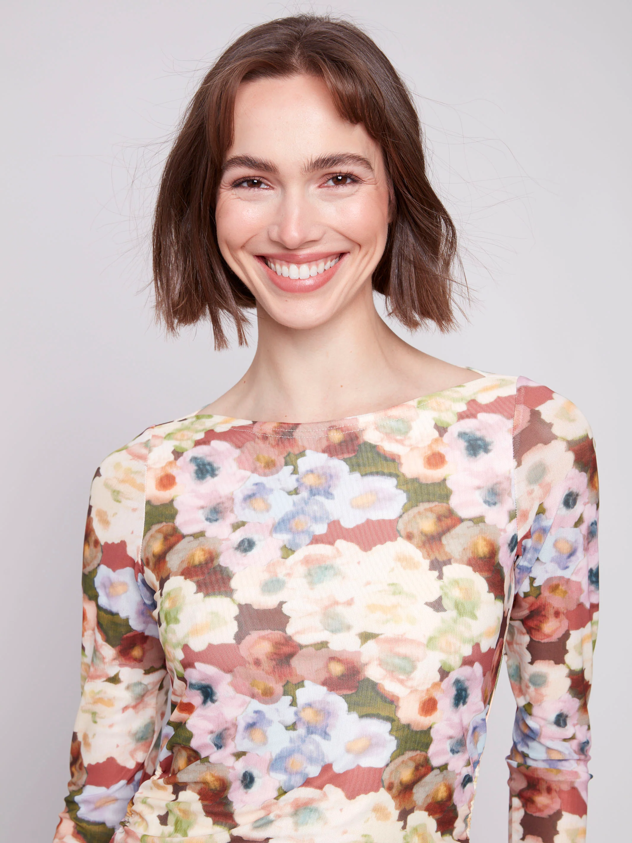 Printed Ruched Mesh Top - Botanical - WHSBYS