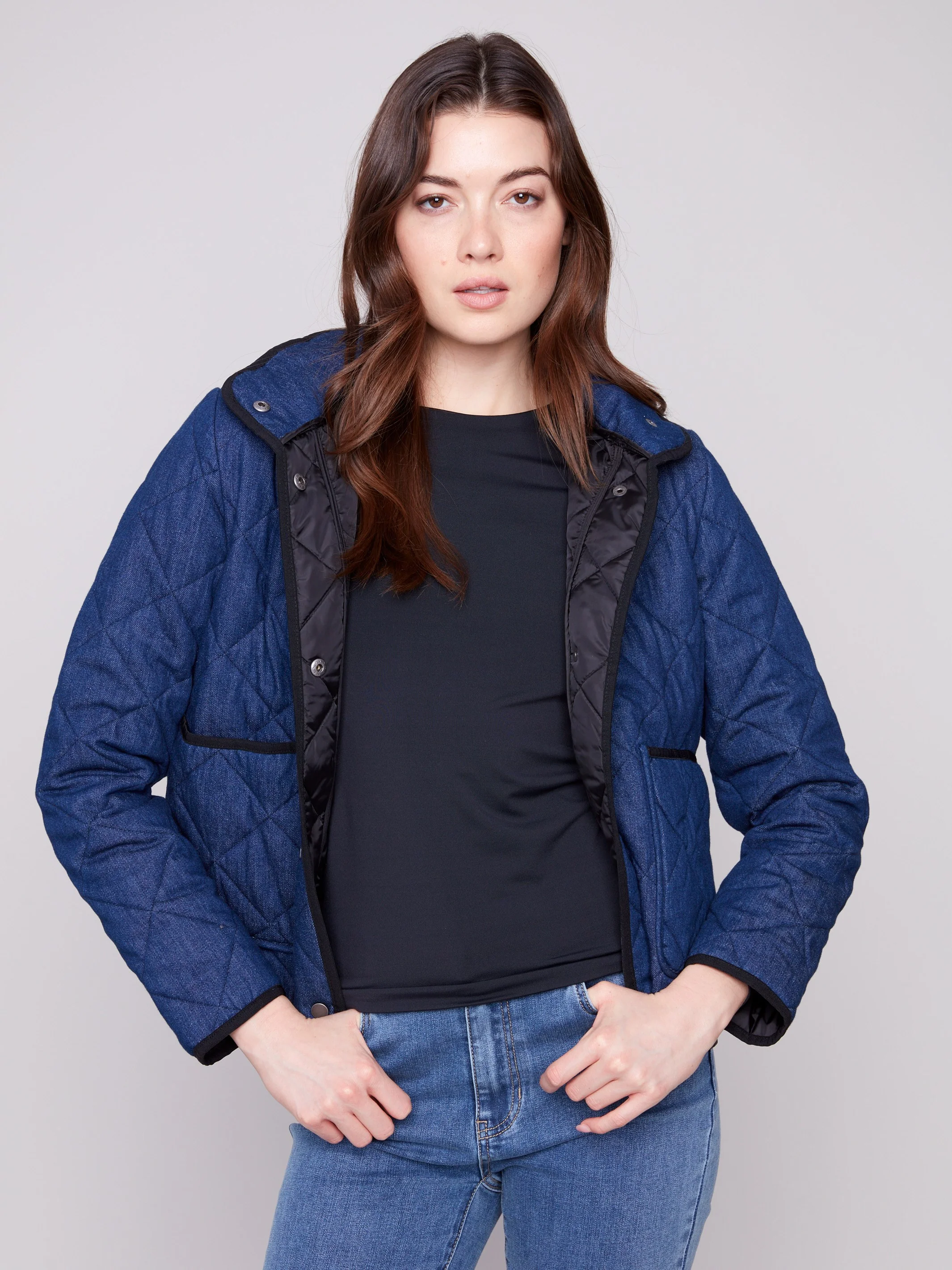 Denim Quilted Puffer Jacket With Removable Hood - Classic Blue - WHSBYS
