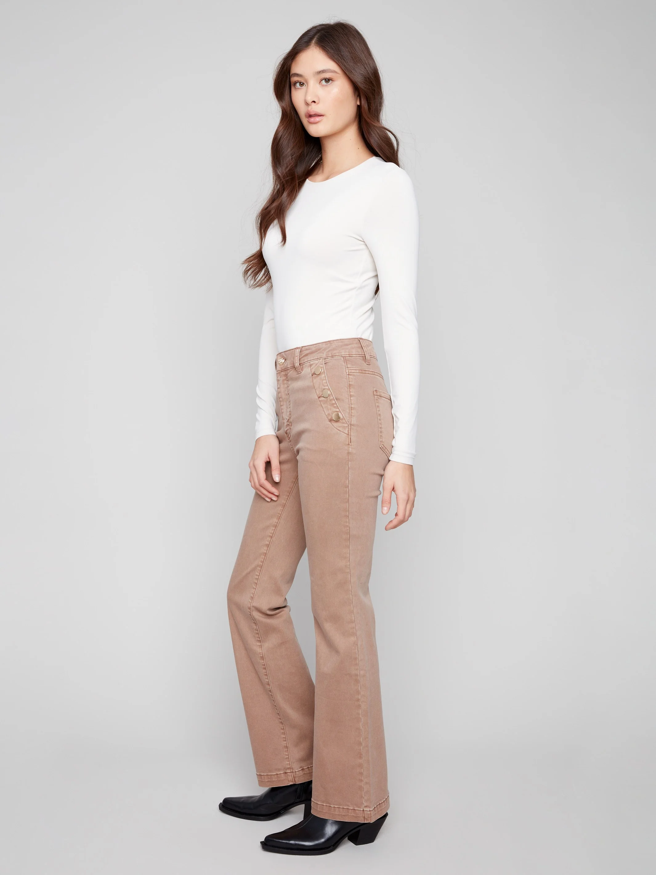 Flare Leg Stretch Twill Pants With Buttons - Truffle - WHSBYS