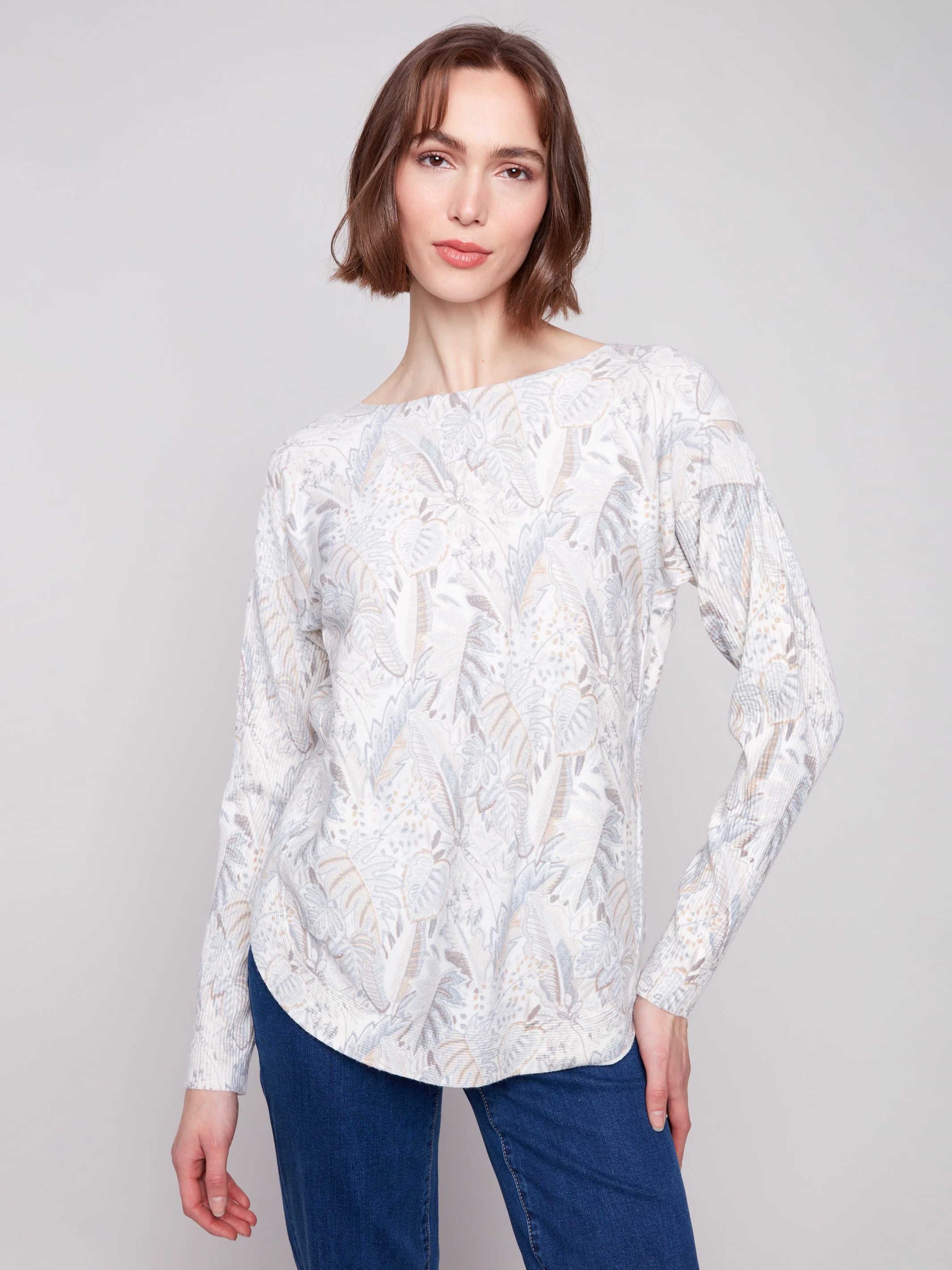 Printed Rounded Hem Sweater - Foliage - WHSBYS