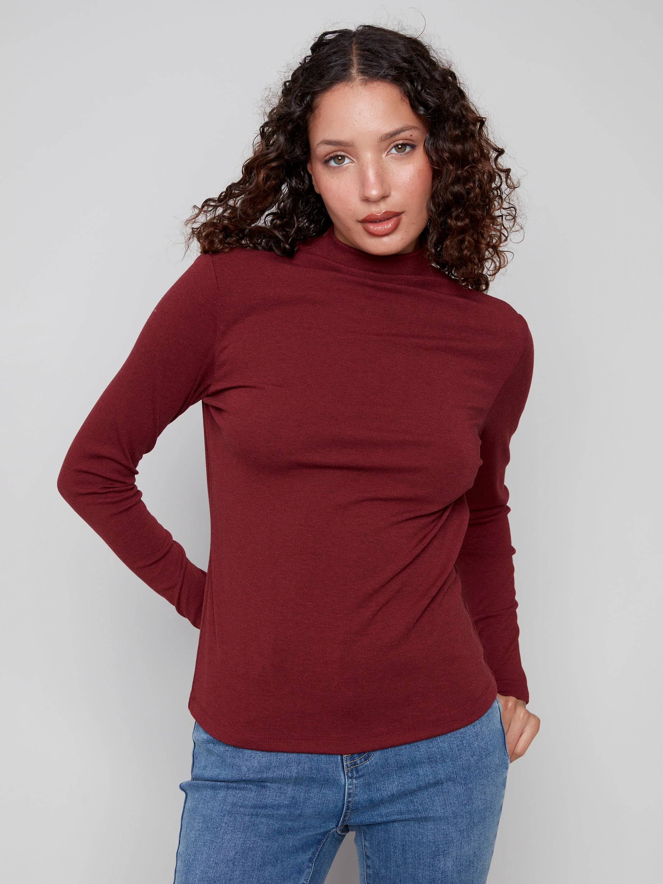 Long Sleeve Mock Neck Top - Cabernet - WHSBYS