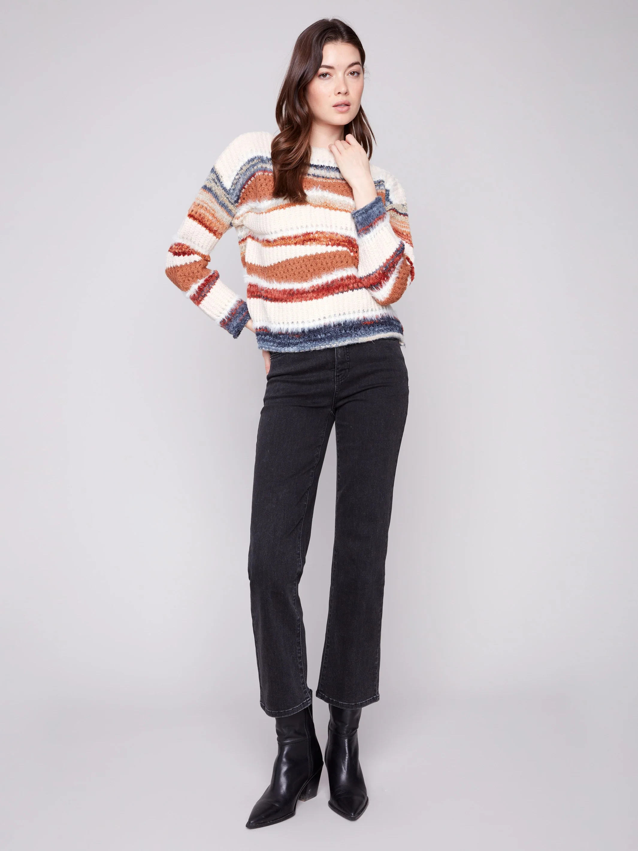 Patchwork Knit Drop Shoulder Sweater - Sepia - WHSBYS