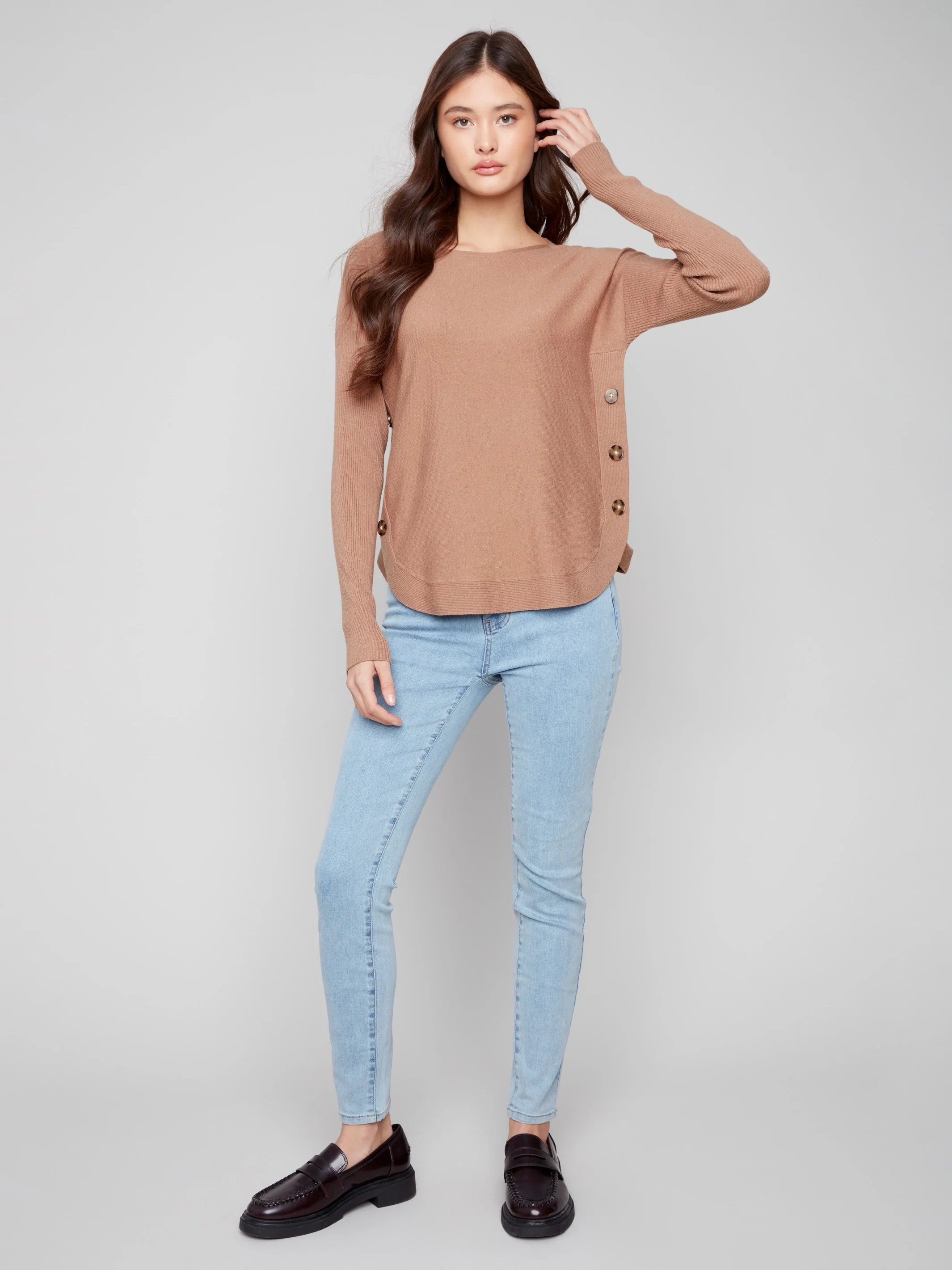 Boat Neck Sweater With Side Buttons - Truffle - WHSBYS