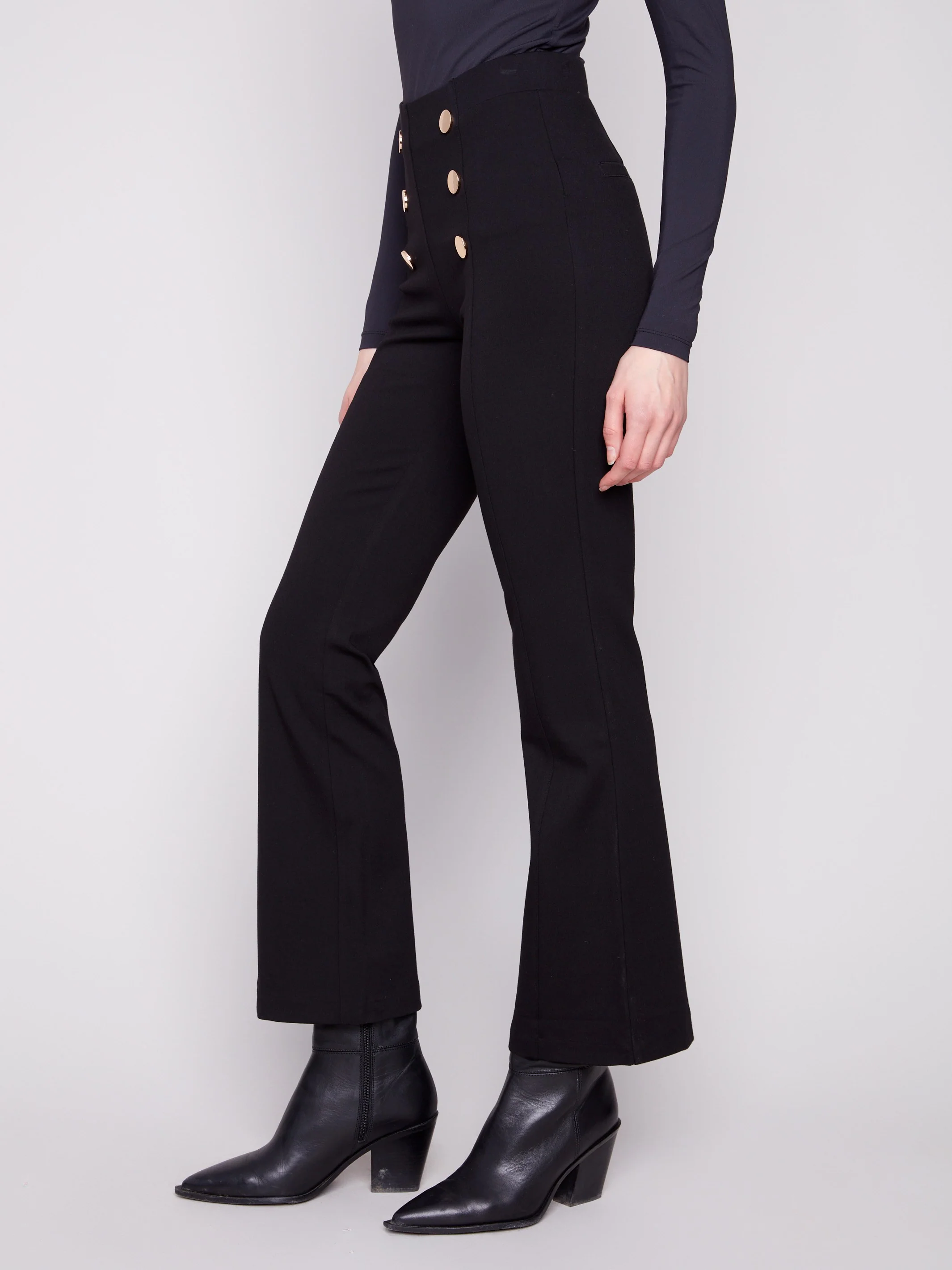 Flare Ponte Pull-On Pants With Front Buttons - Black - WHSBYS