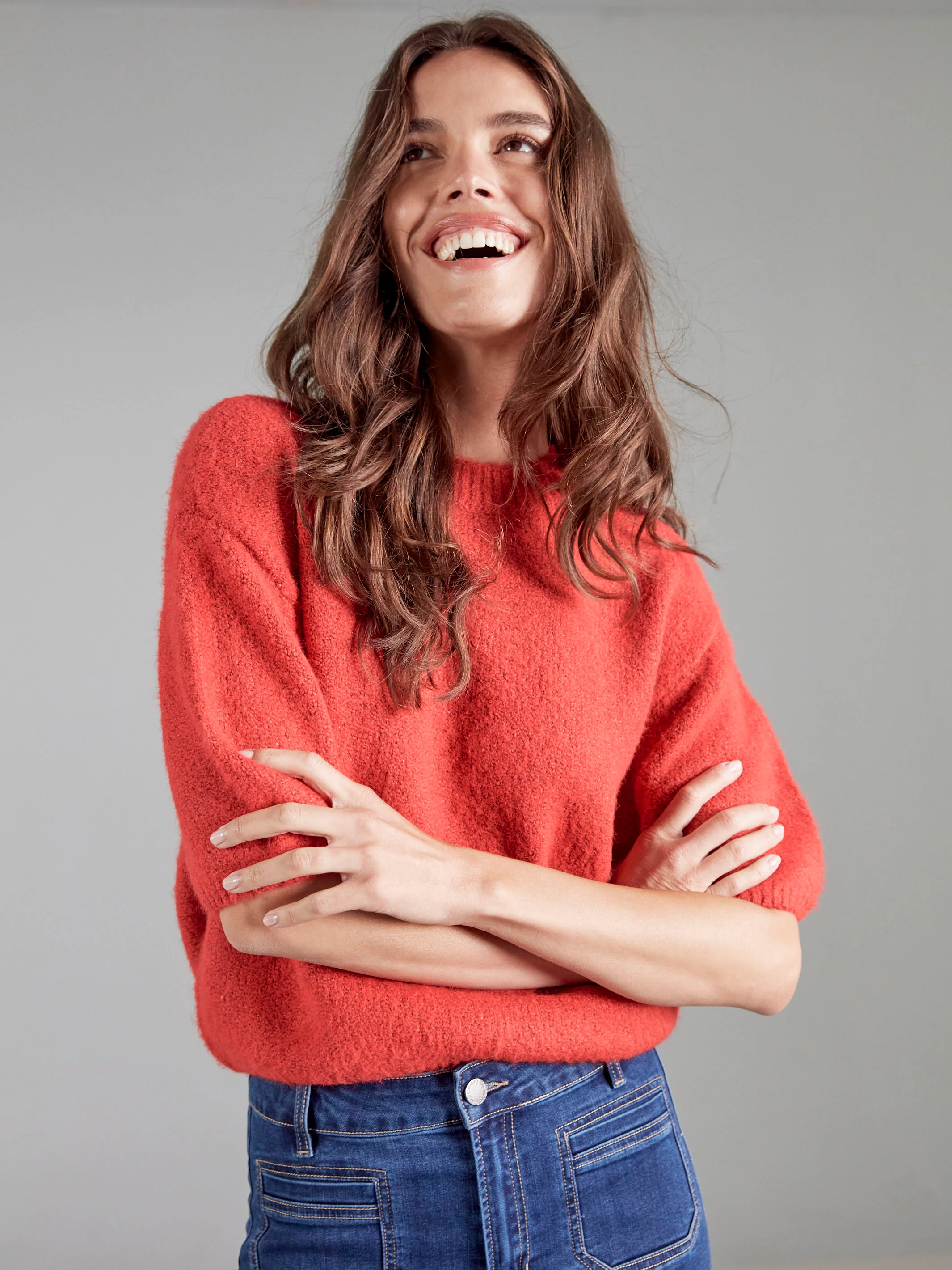 Balloon Elbow Sleeve Knit Sweater - Crimson - WHSBYS