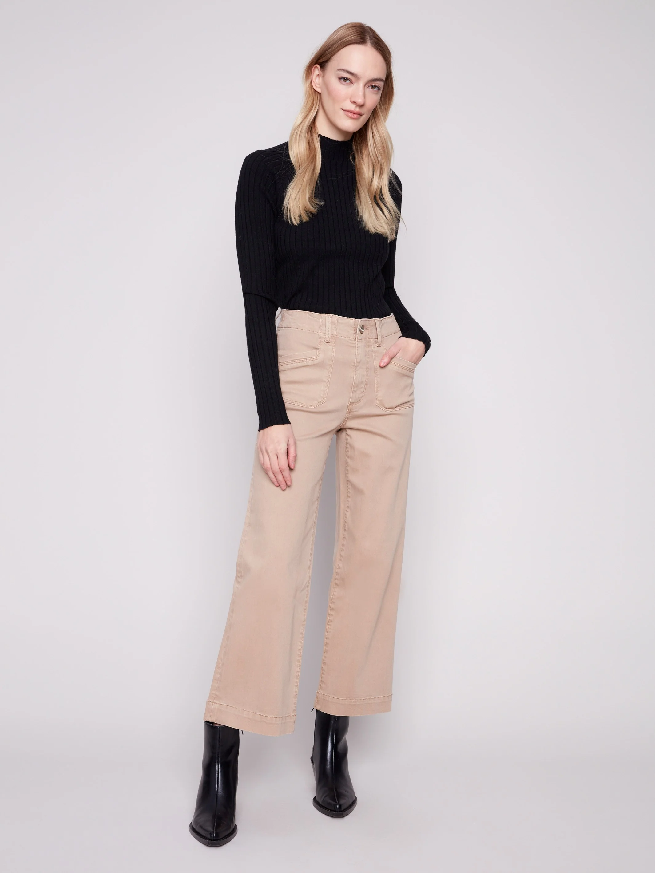 Cropped Wide Leg Stretch Twill Pants - Sesame - WHSBYS