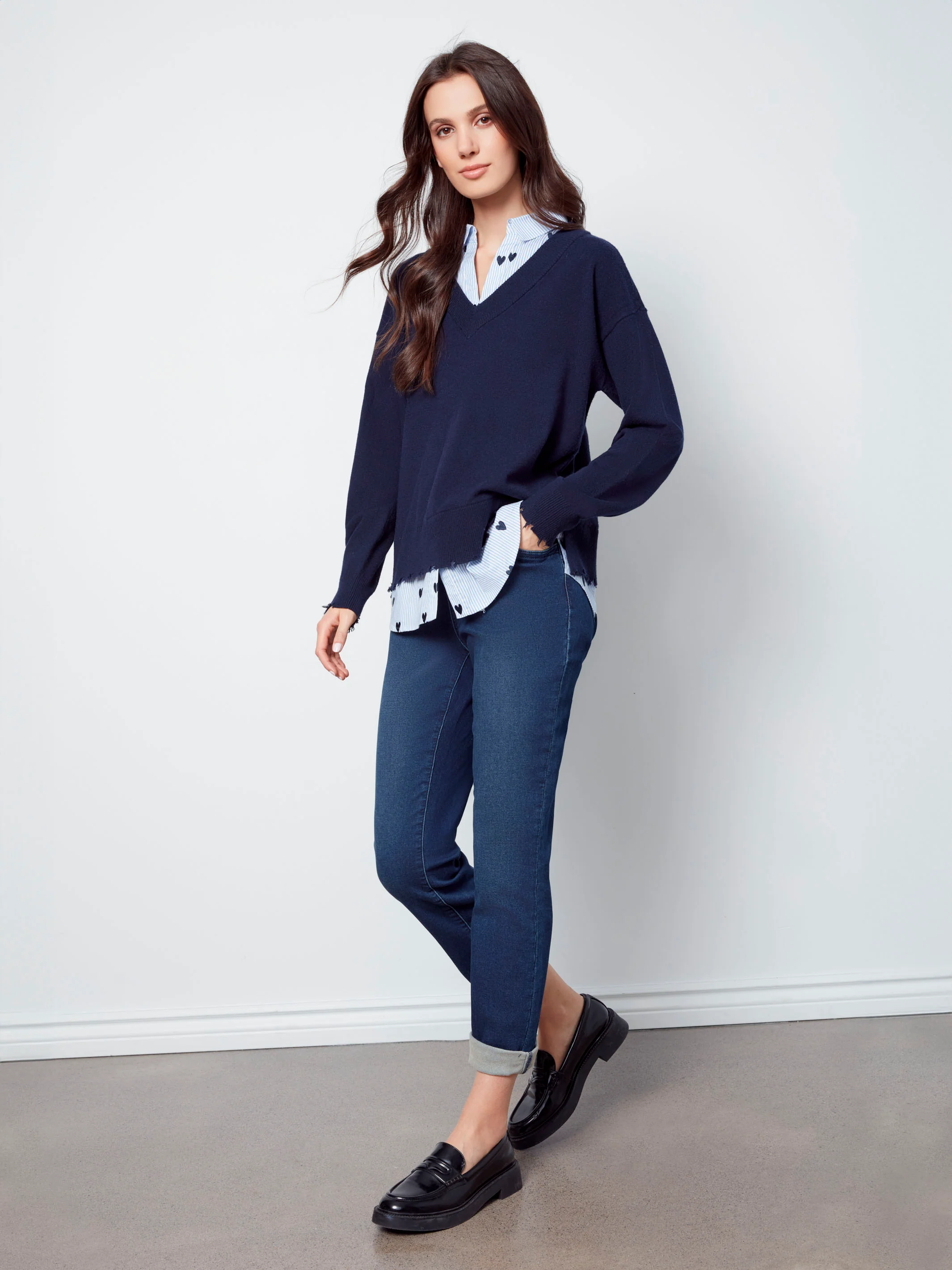 V-Neck Fooler Sweater With Embroidered Shirt Collar - Navy - WHSBYS