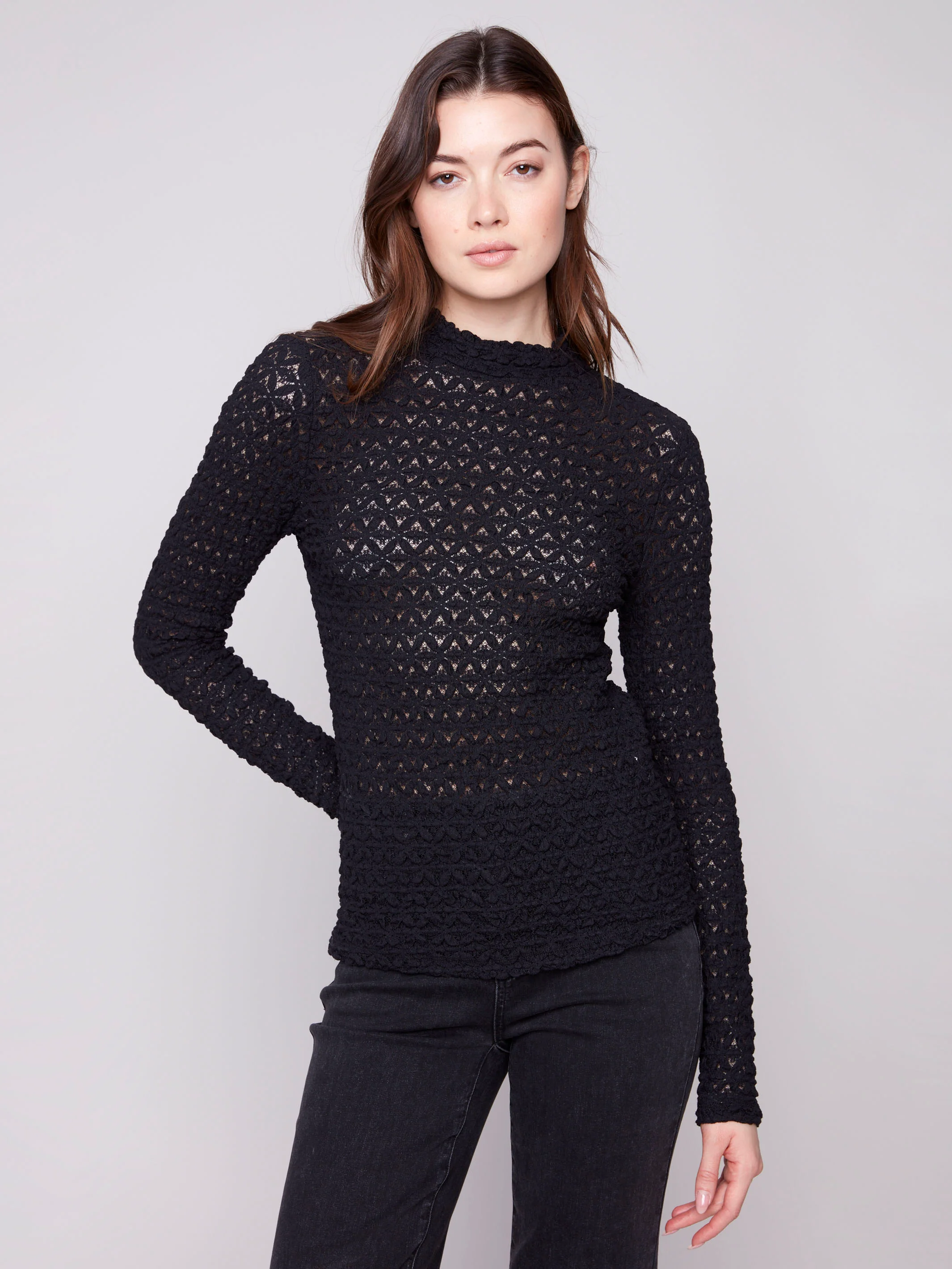 Lace Mock Neck Top - Black - WHSBYS