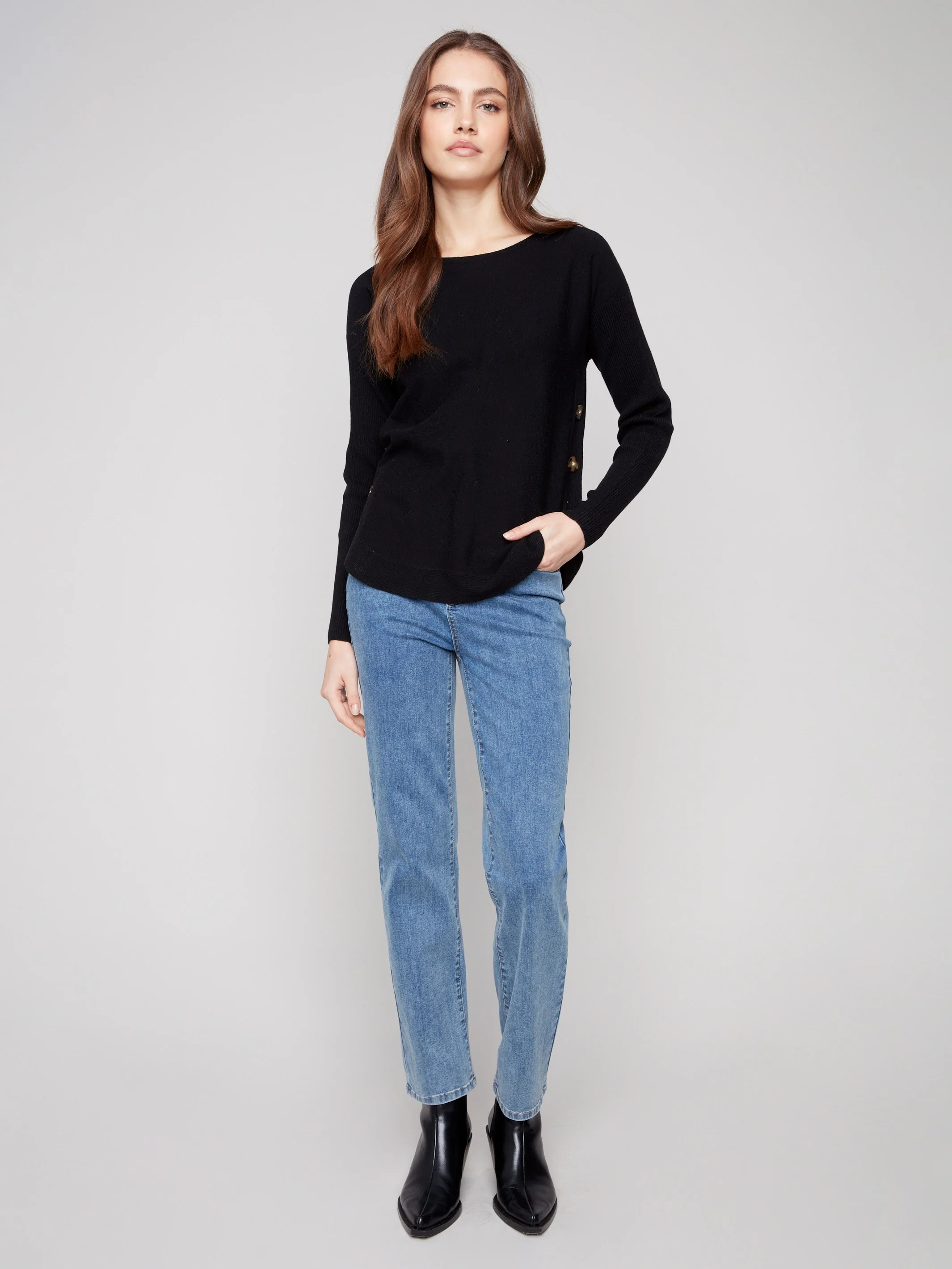 Boat Neck Sweater With Side Buttons - Black - WHSBYS