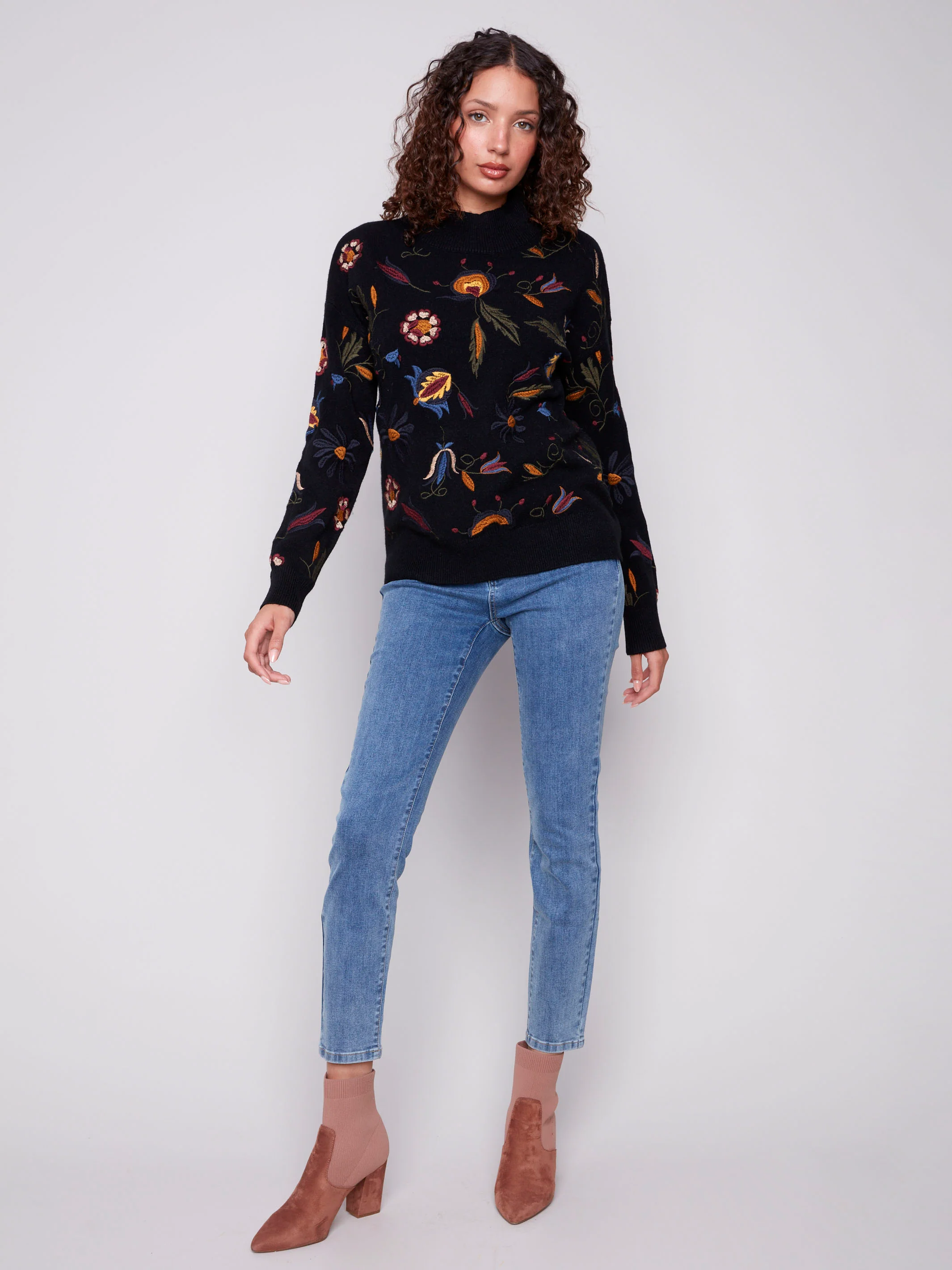 Embroidered Mock Neck Sweater - Black - WHSBYS