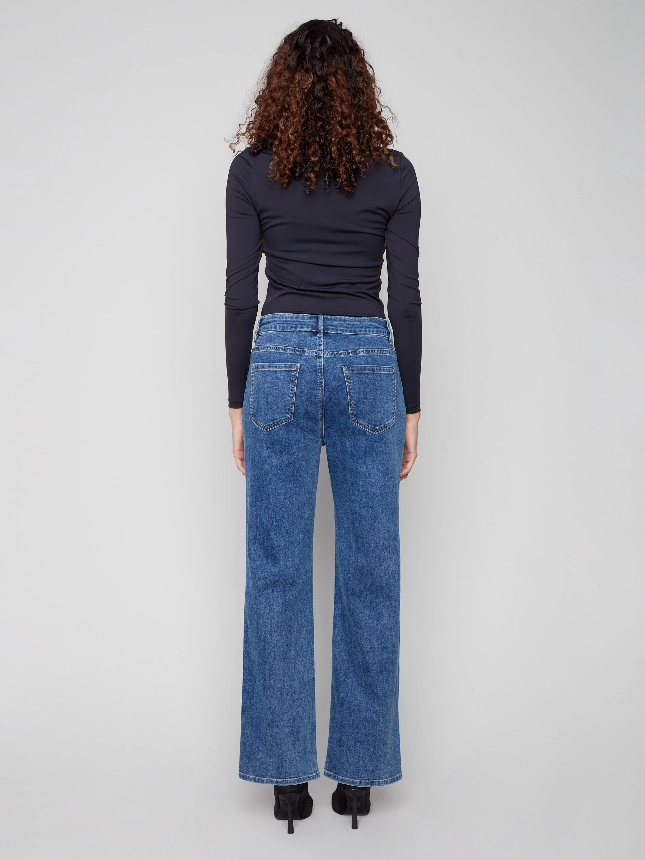 Patch Pocket Flare Jeans With Rivets - Medium Blue - WHSBYS