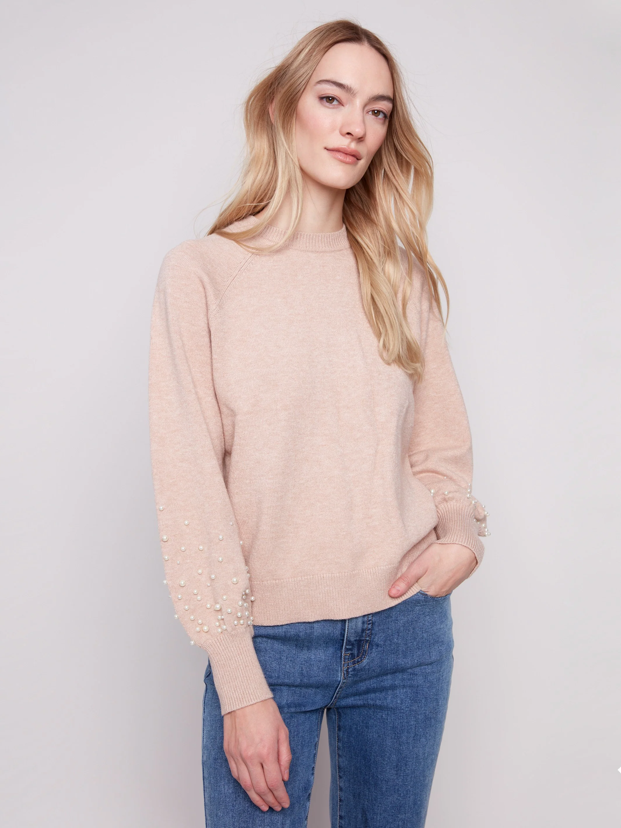 Crew Neck Sweater With Pearl Details - Heather Camel - WHSBYS