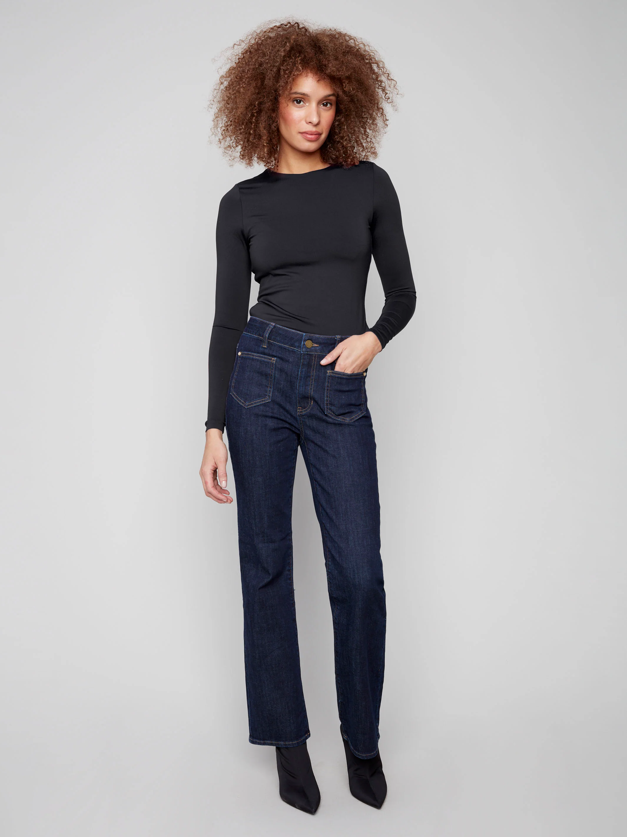 Patch Pocket Flare Jeans With Rivets - Deep Blue - WHSBYS