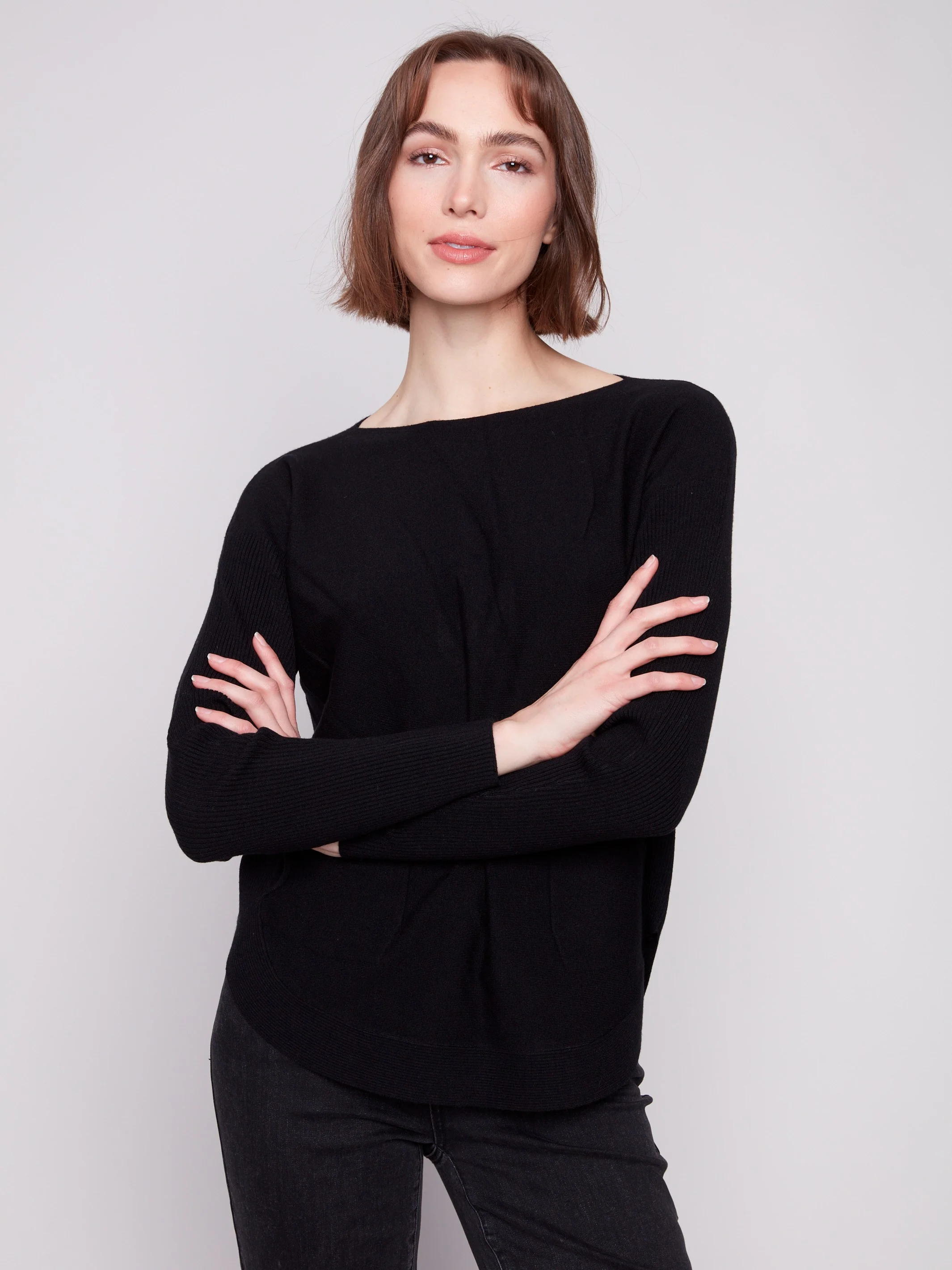 Knit Sweater With Back Lace-Up Detail - Black - WHSBYS