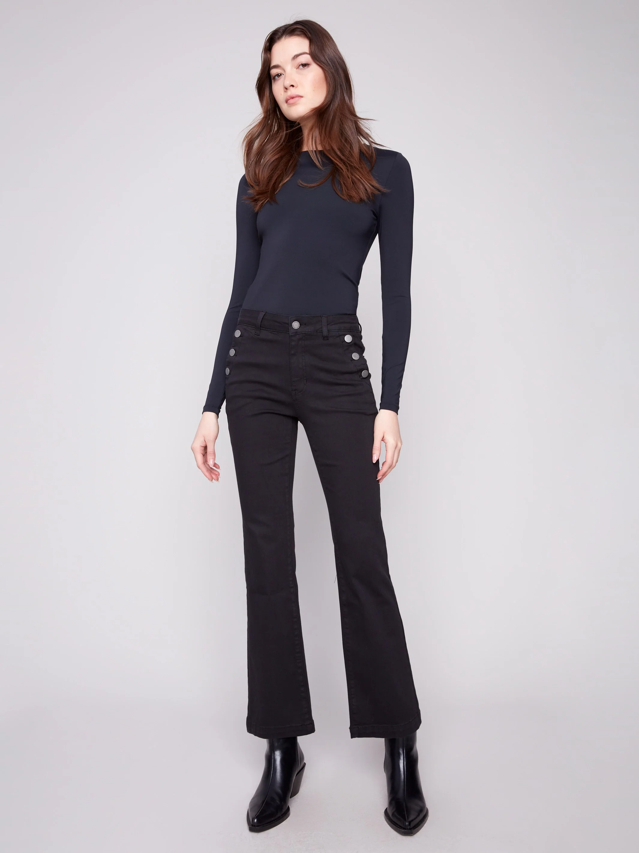 Flare Leg Stretch Twill Pants With Buttons - Black - WHSBYS