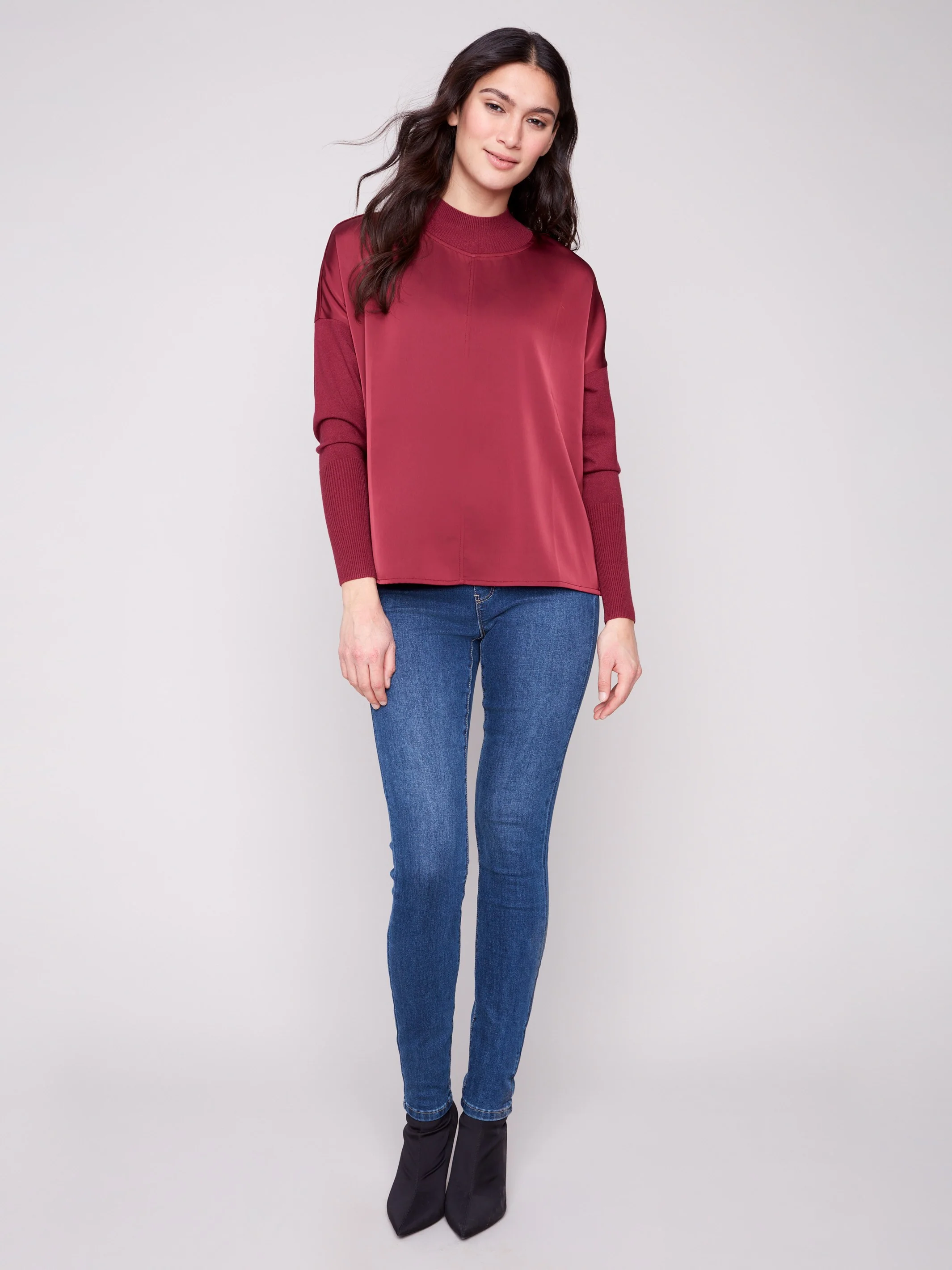 Satin Knit Top With Mock Neck - Cabernet - WHSBYS