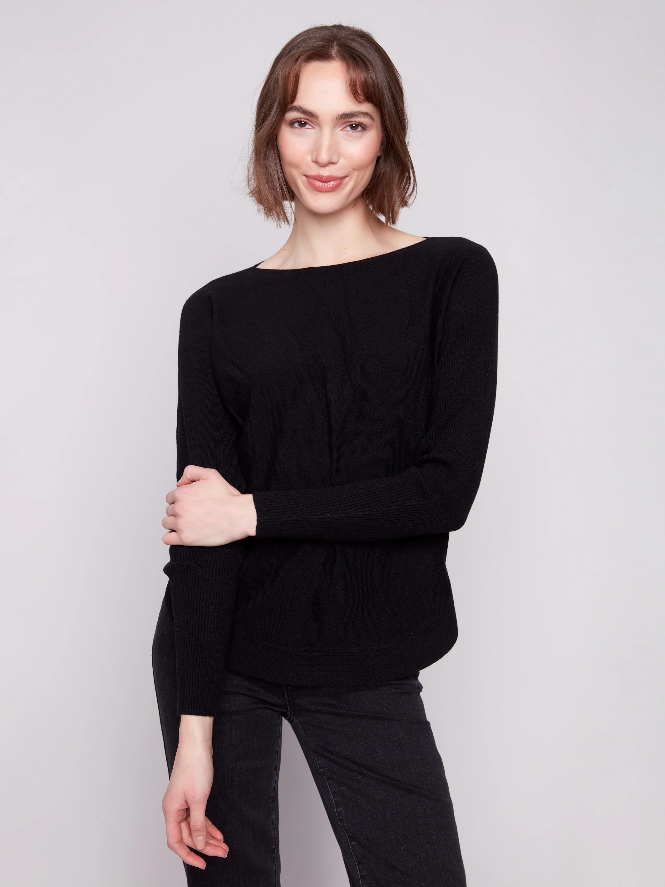 Knit Sweater With Back Lace-Up Detail - Black - WHSBYS
