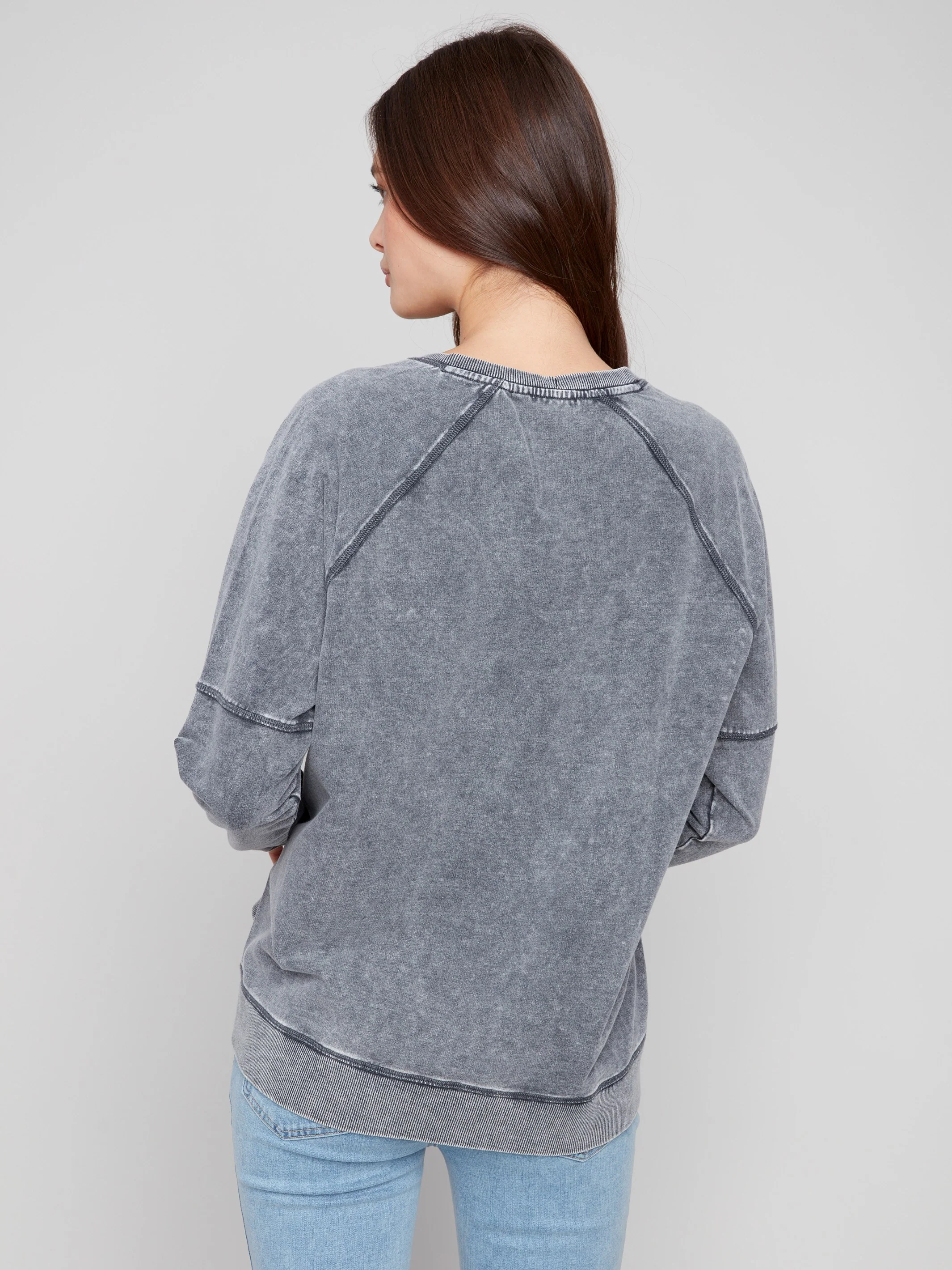 Cold Dye French Terry V-Neck Top - Charcoal - WHSBYS
