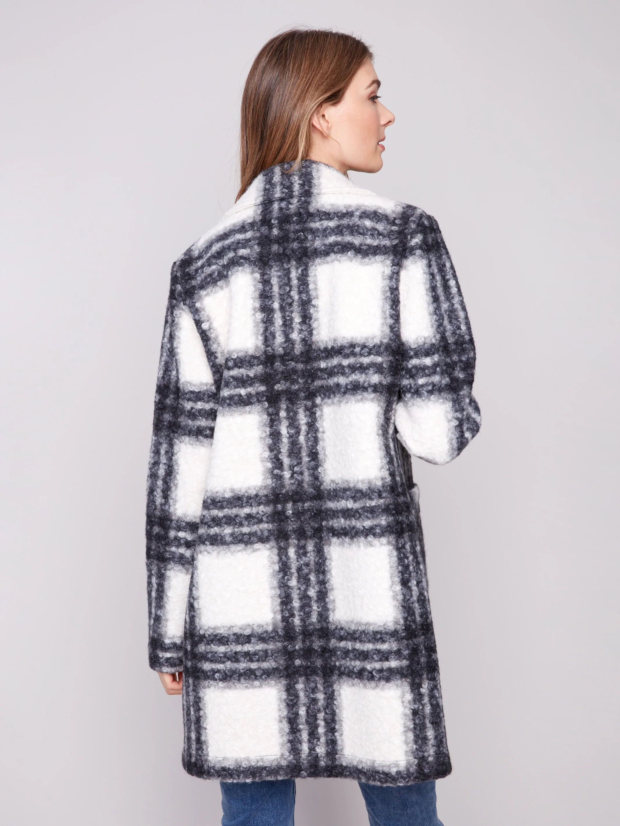 Plaid Bouclé Knit Coat - Black & White - WHSBYS
