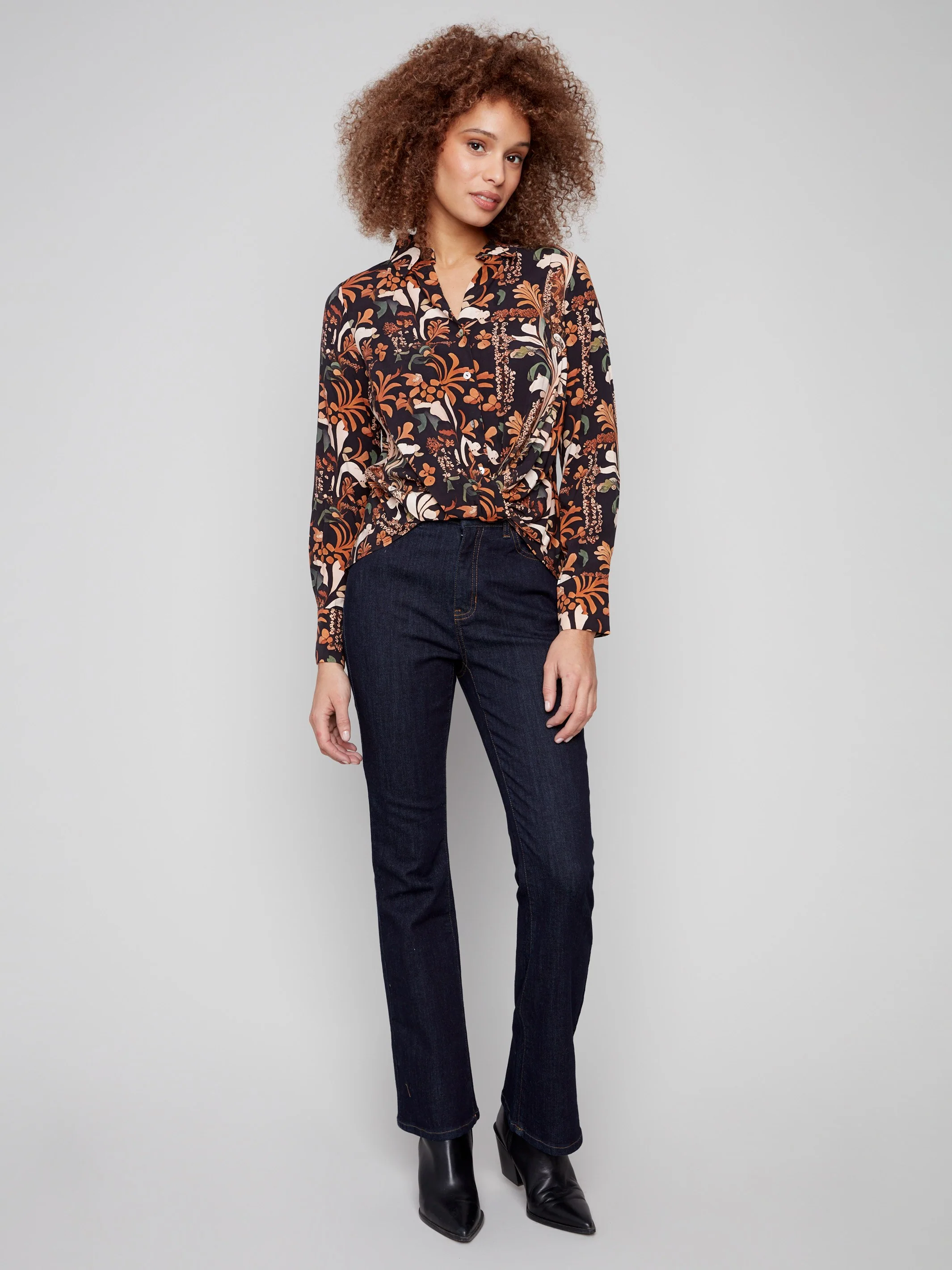 Printed Viscose Button-Down Shirt With Twisted Front - Batik - WHSBYS