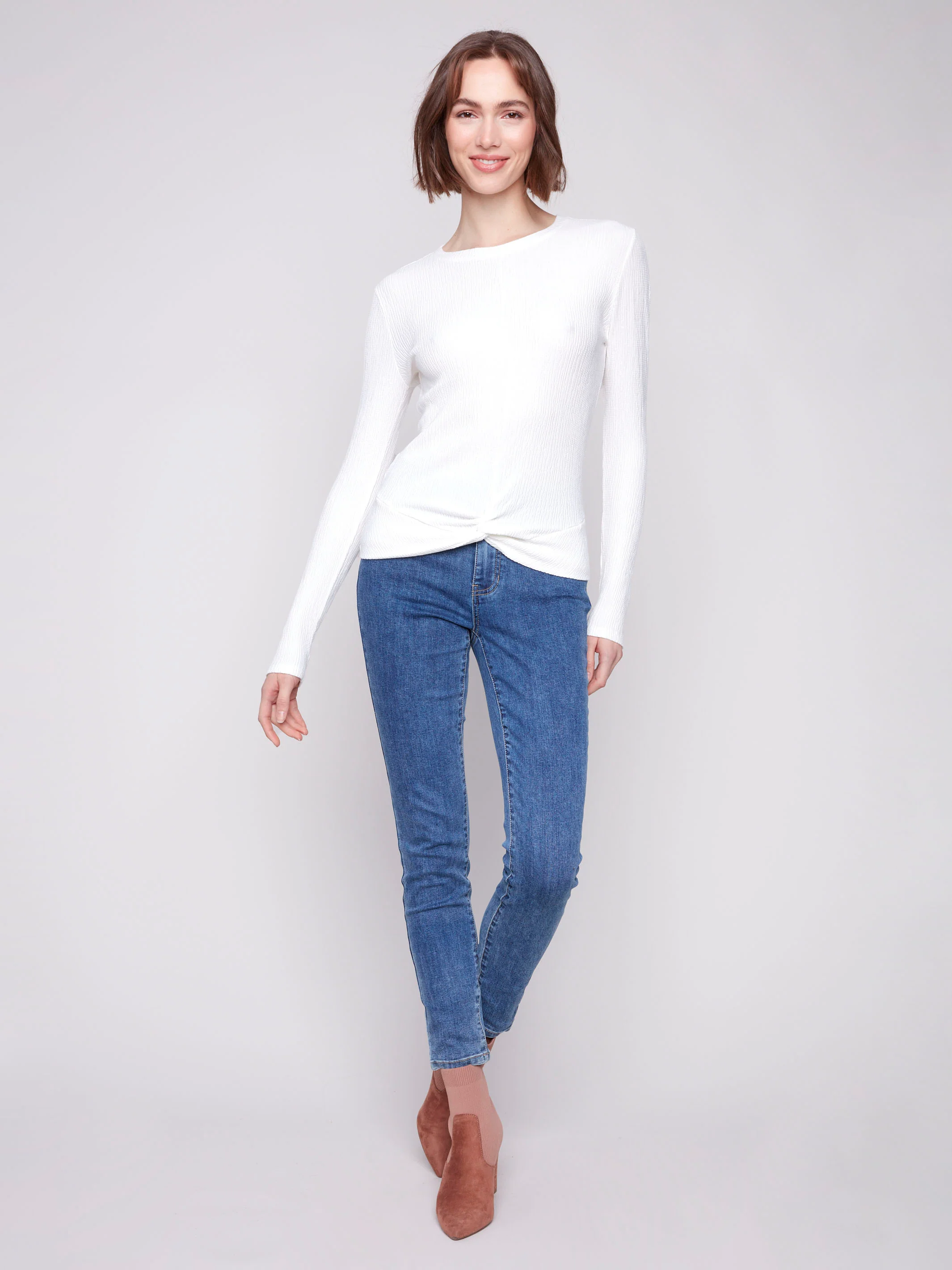 Textured Knit Top With Front Knot Detail - Ecru - WHSBYS