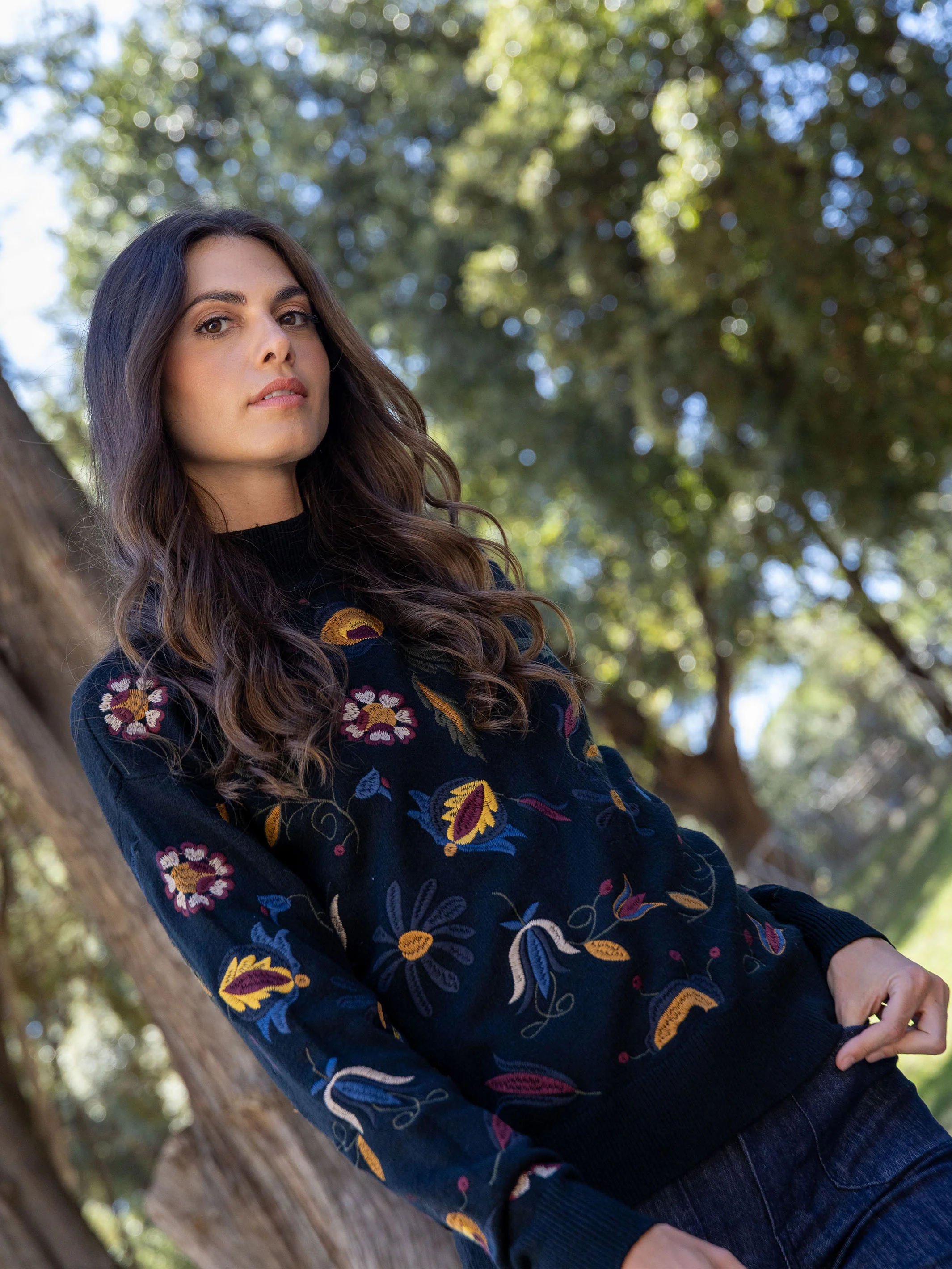 Embroidered Mock Neck Sweater - Black - WHSBYS