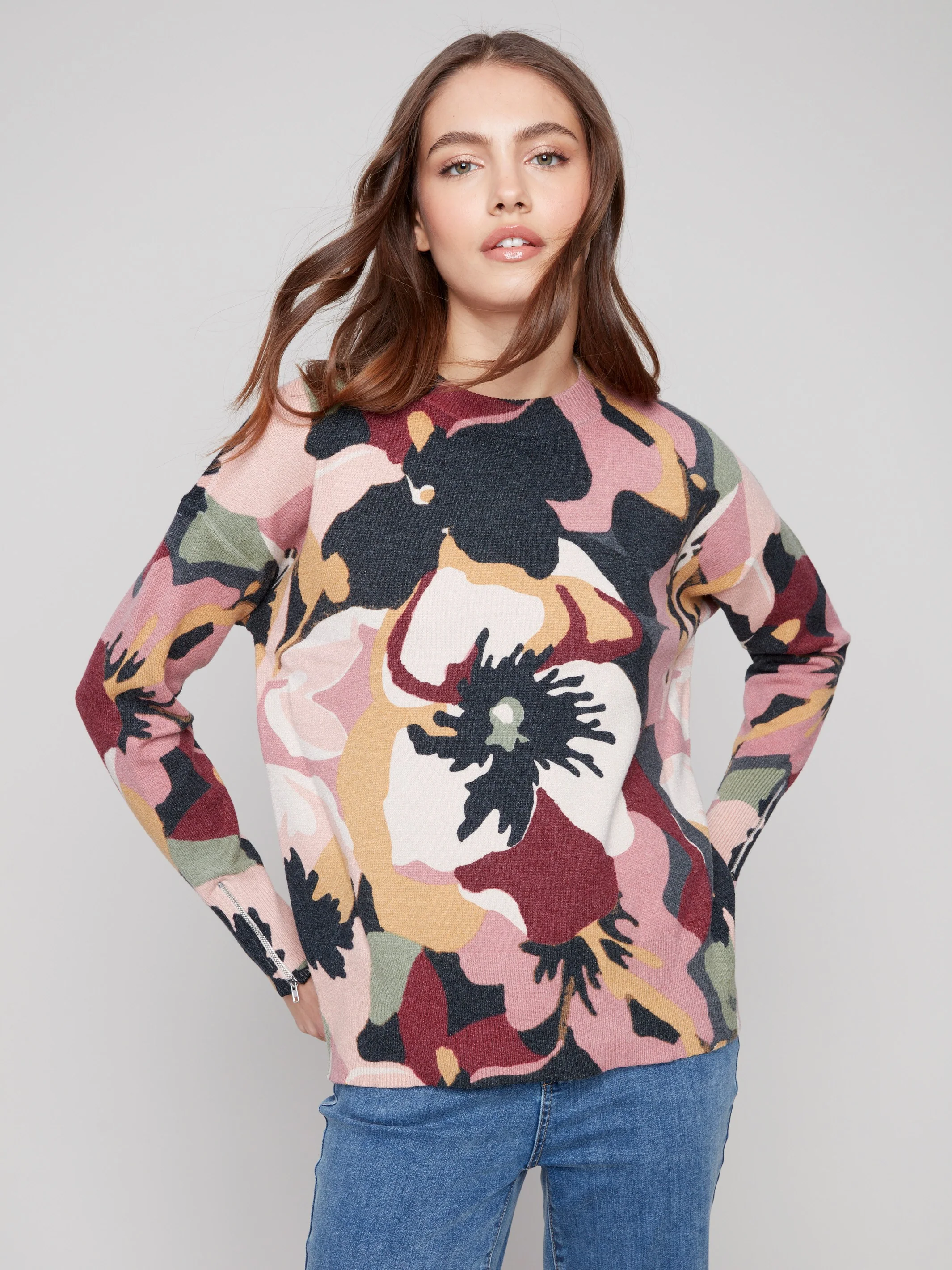 Printed Crew Neck Sweater With Sleeve Zippers - Flowery - WHSBYS
