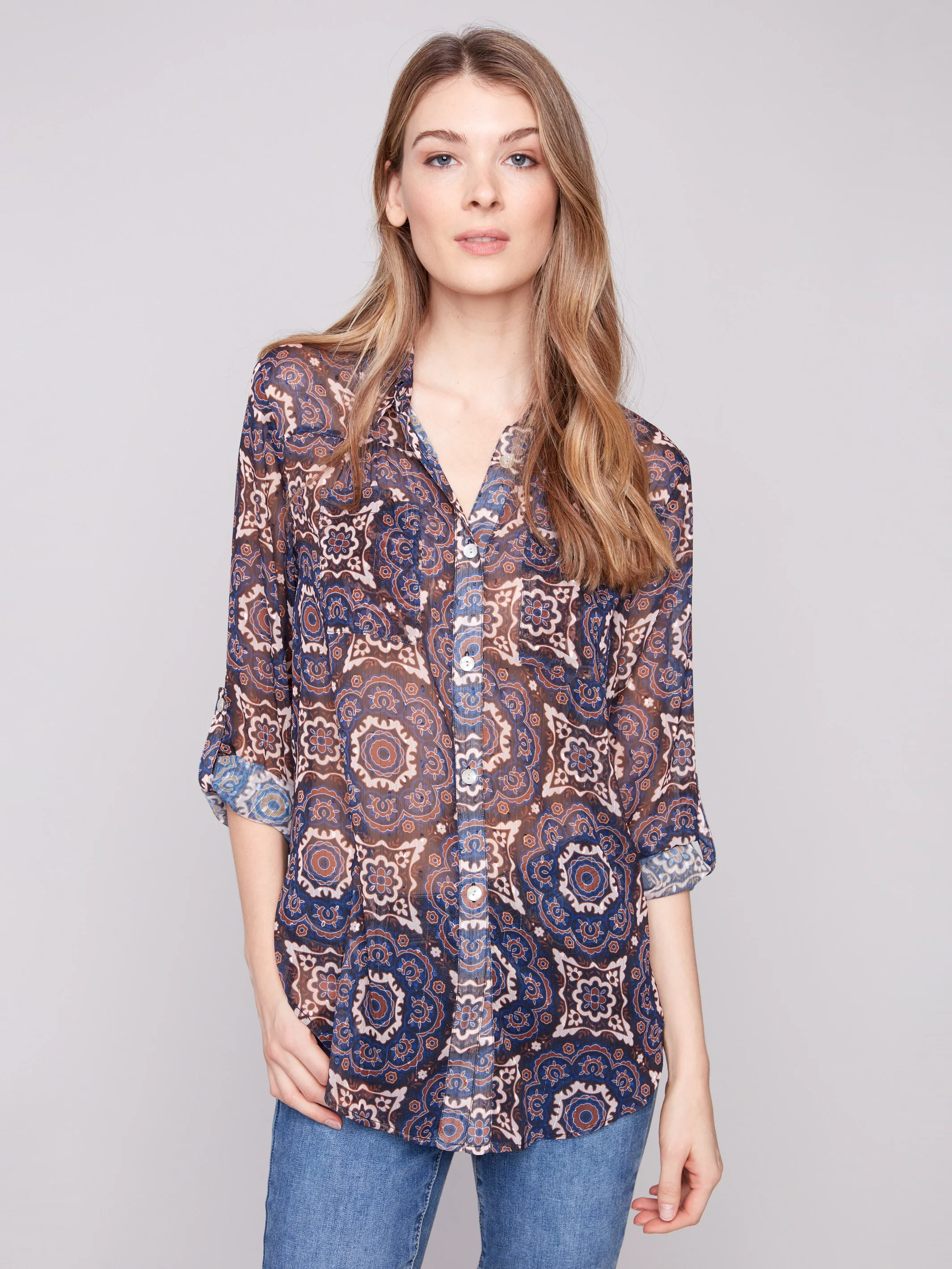 Printed Button-Up Blouse - Medallion - WHSBYS