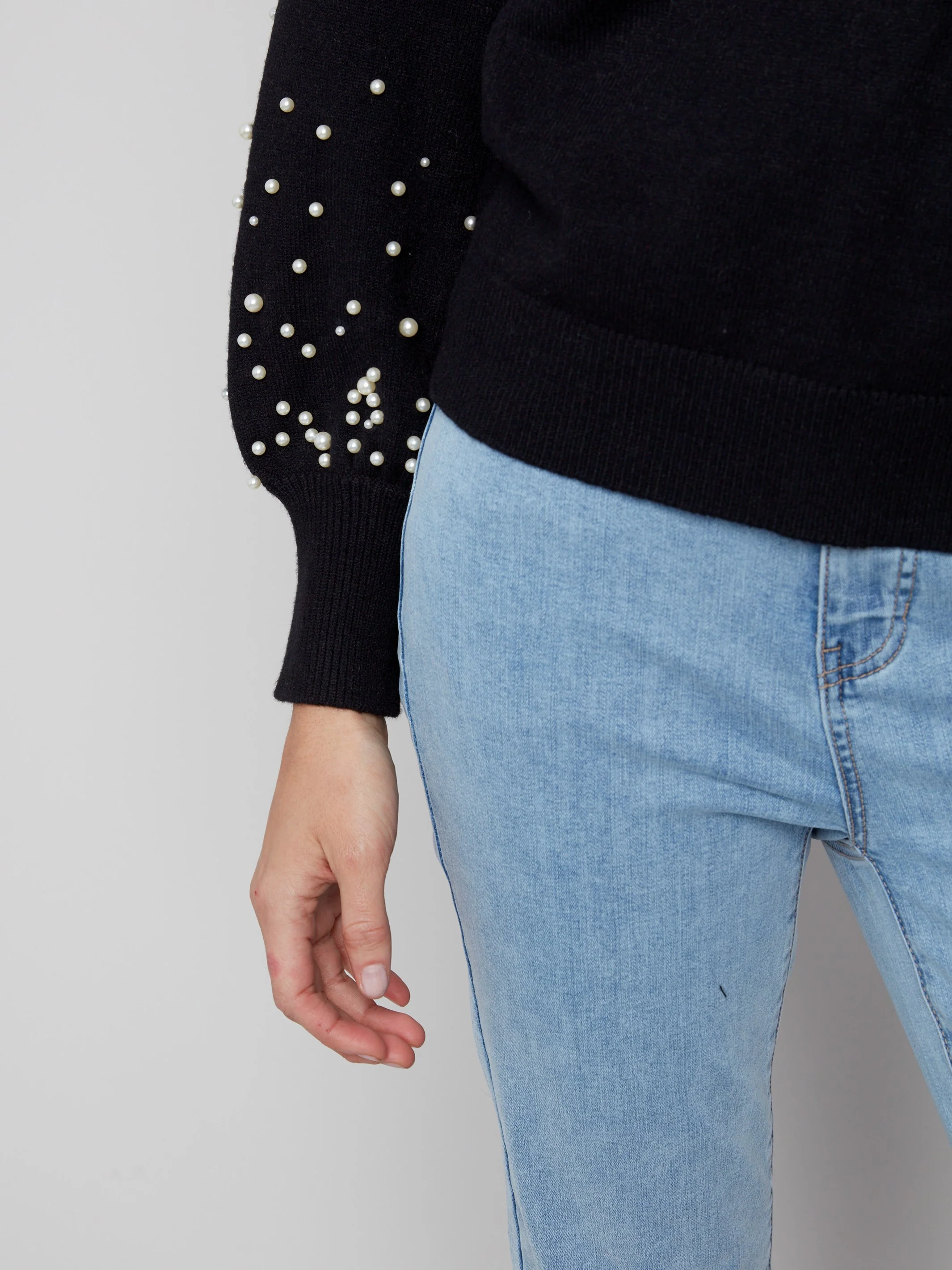 Crew Neck Sweater With Pearl Details - Black - WHSBYS