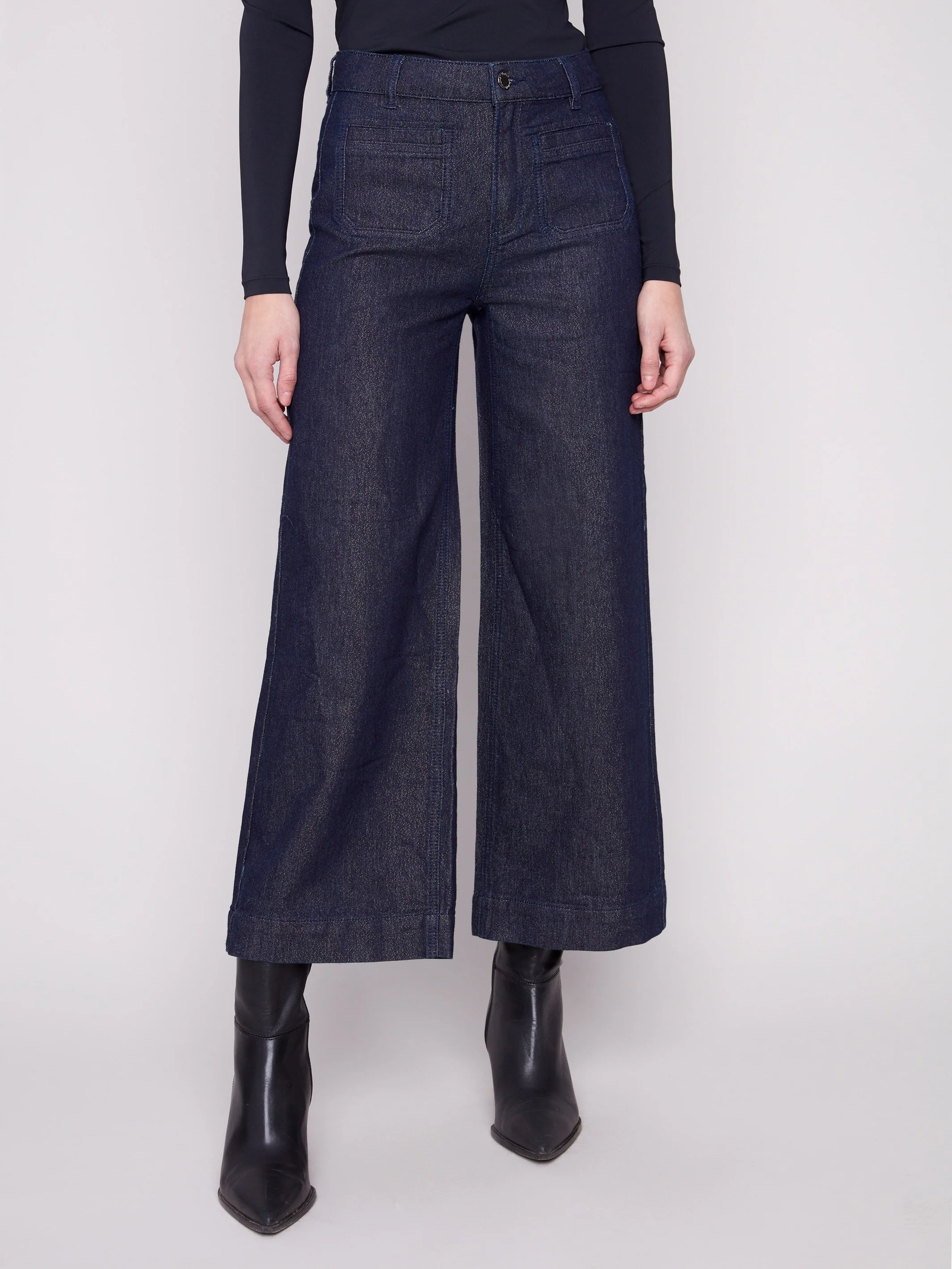 Metallic Patch Pocket Flare Jeans - Blue Black - WHSBYS