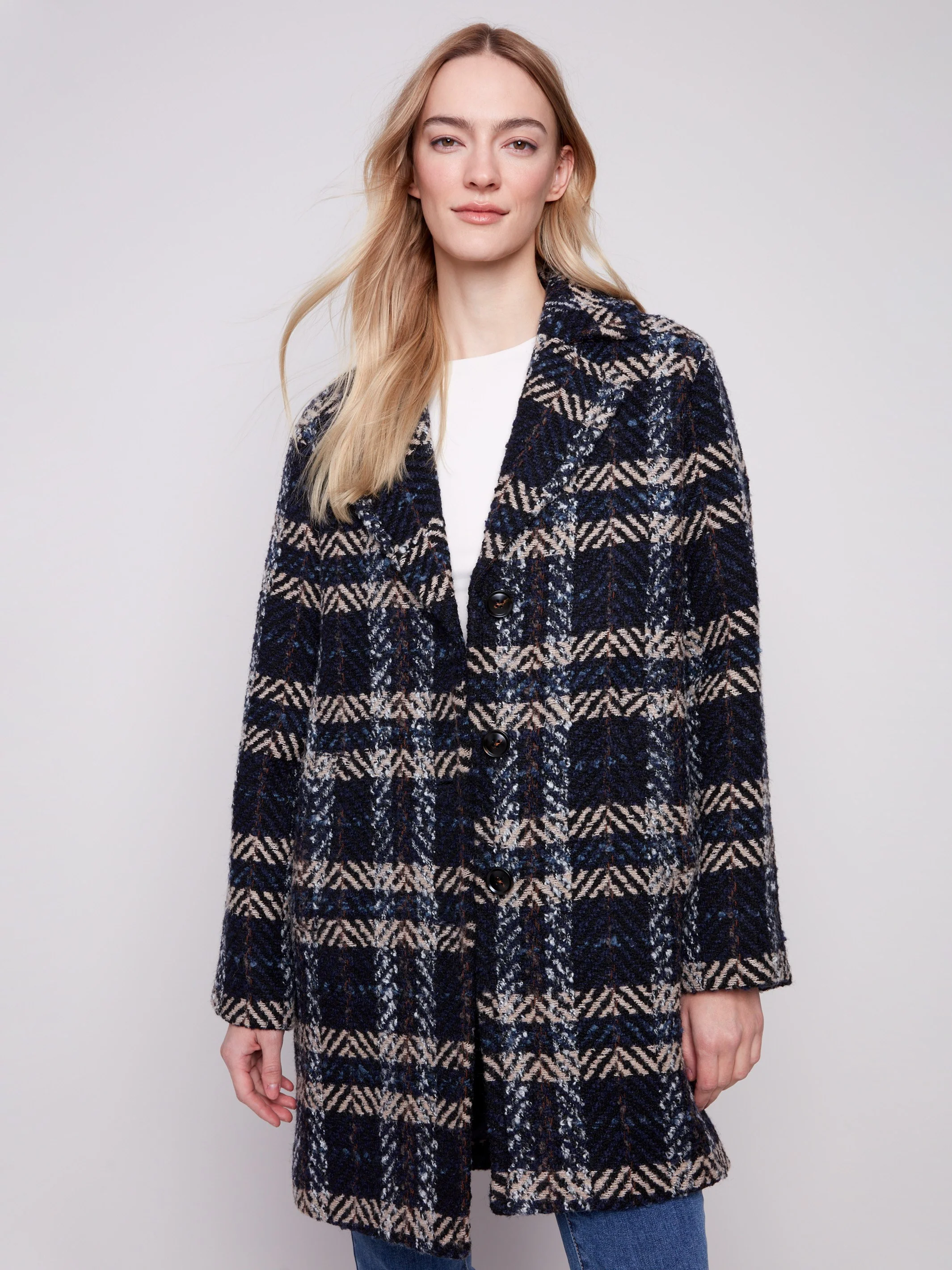 Plaid Bouclé Coat - Navy - WHSBYS