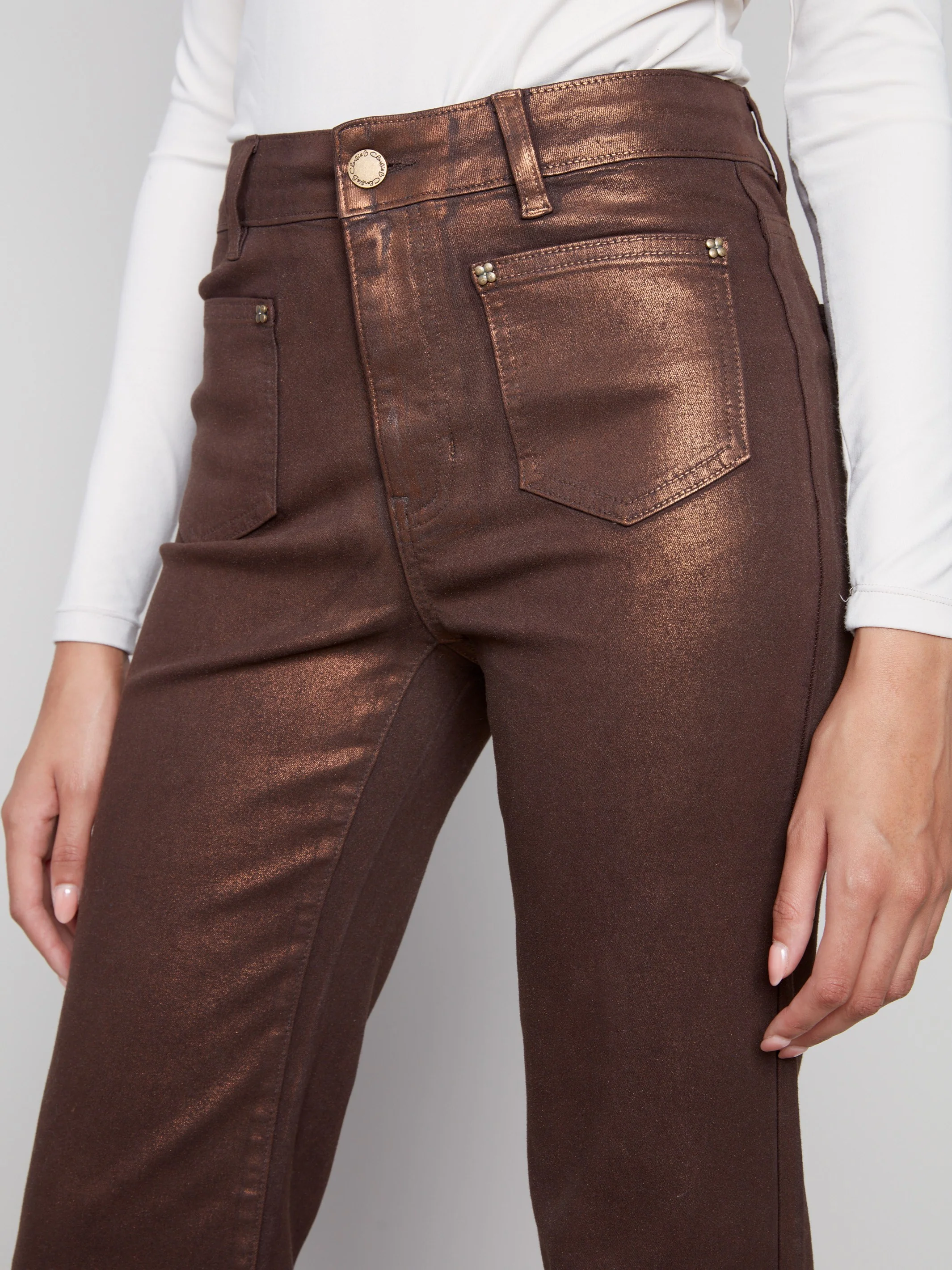 Patch Pocket Flare Metallic Twill Pants With Rivets - Bronze - WHSBYS