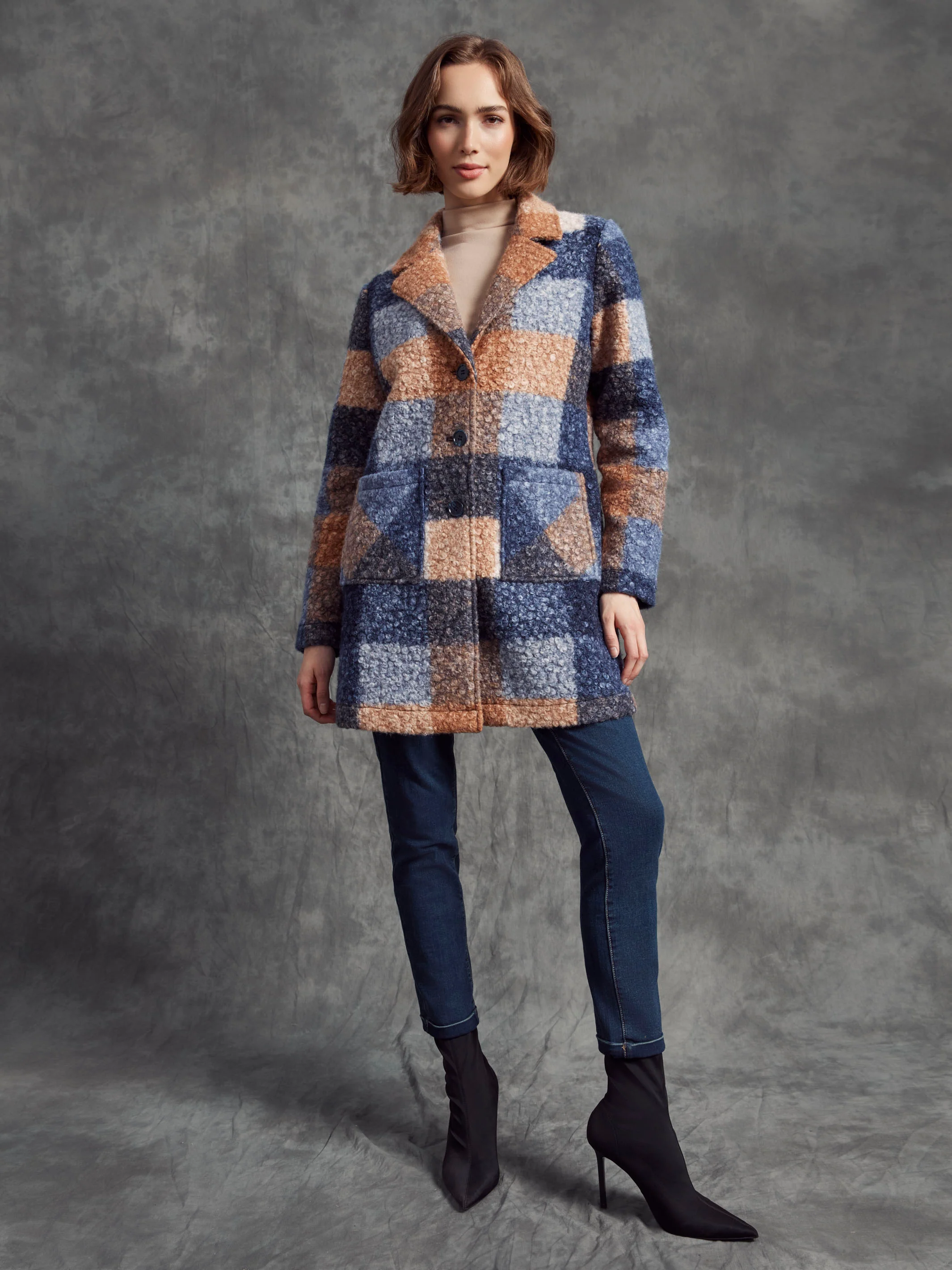 Plaid Bouclé Knit Coat - Moonlight - WHSBYS