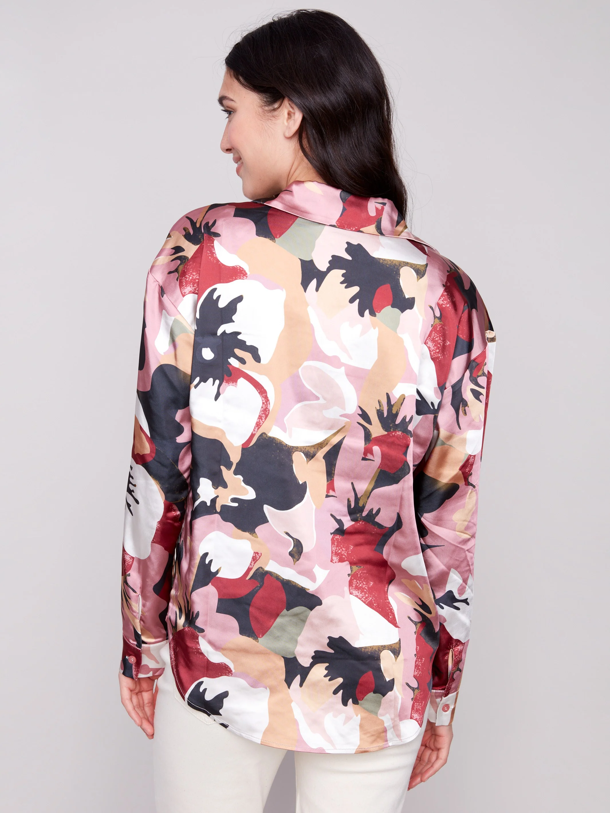 Printed Satin Button-Down Shirt - Flowery - WHSBYS