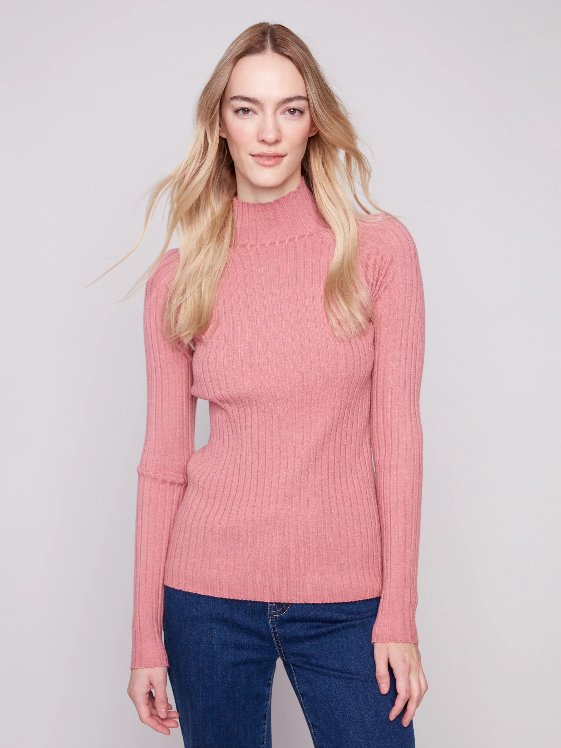Ribbed Knit Mock Neck Sweater - Primrose - WHSBYS
